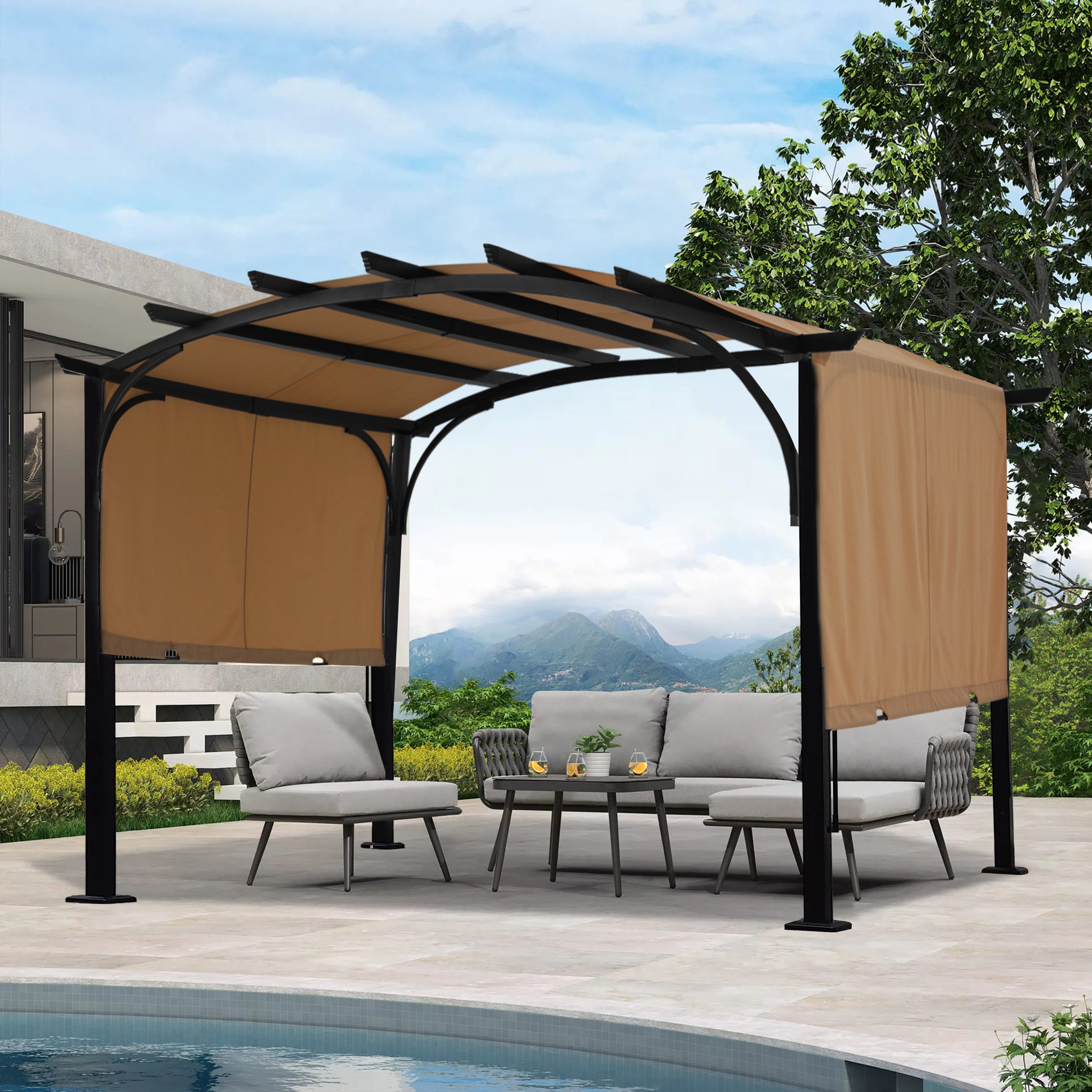 Arched 10x10/10x12 Patio Gazebo with Retractable Sun Shade