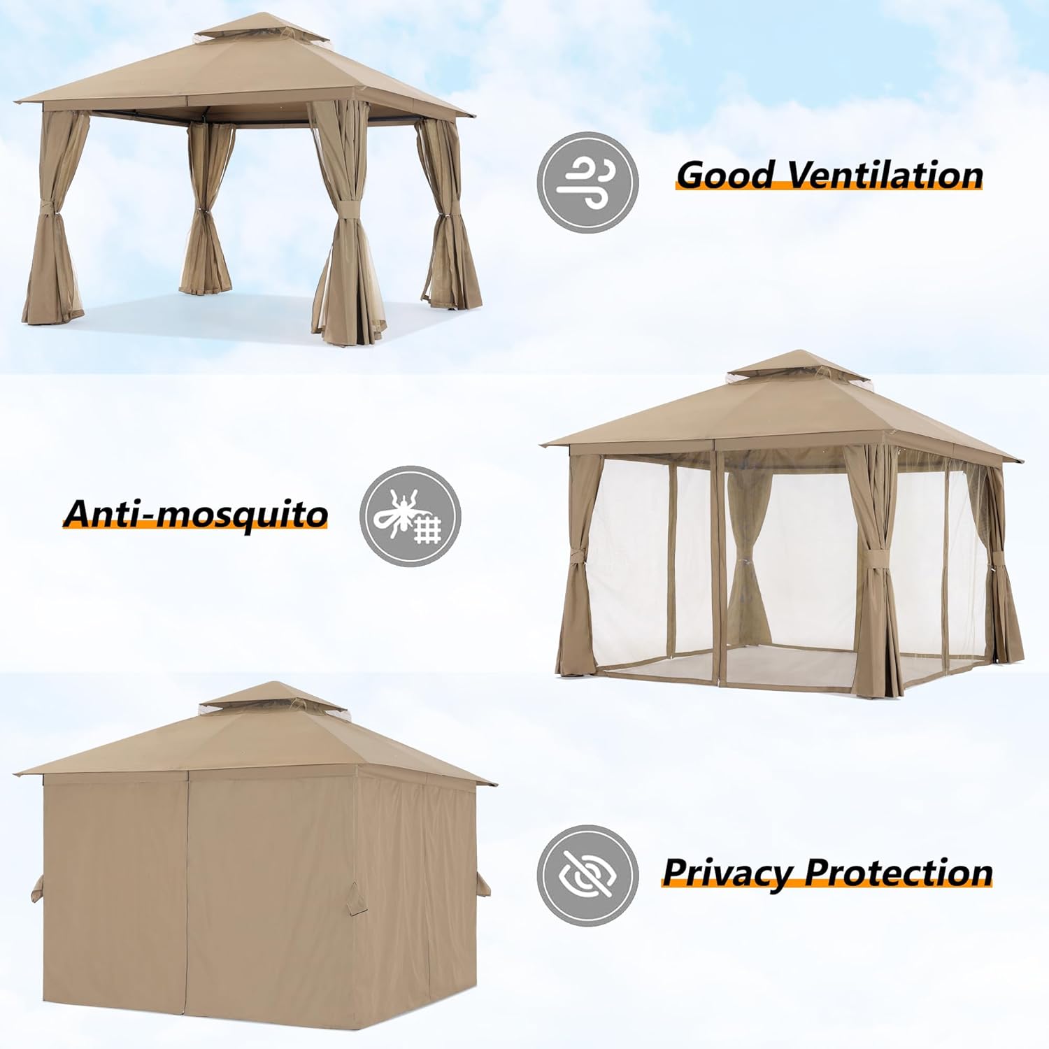 ABCCANOPY Outdoor Patio Gazebo 9x9/11x11 with Mosquito Netting & Curtain
