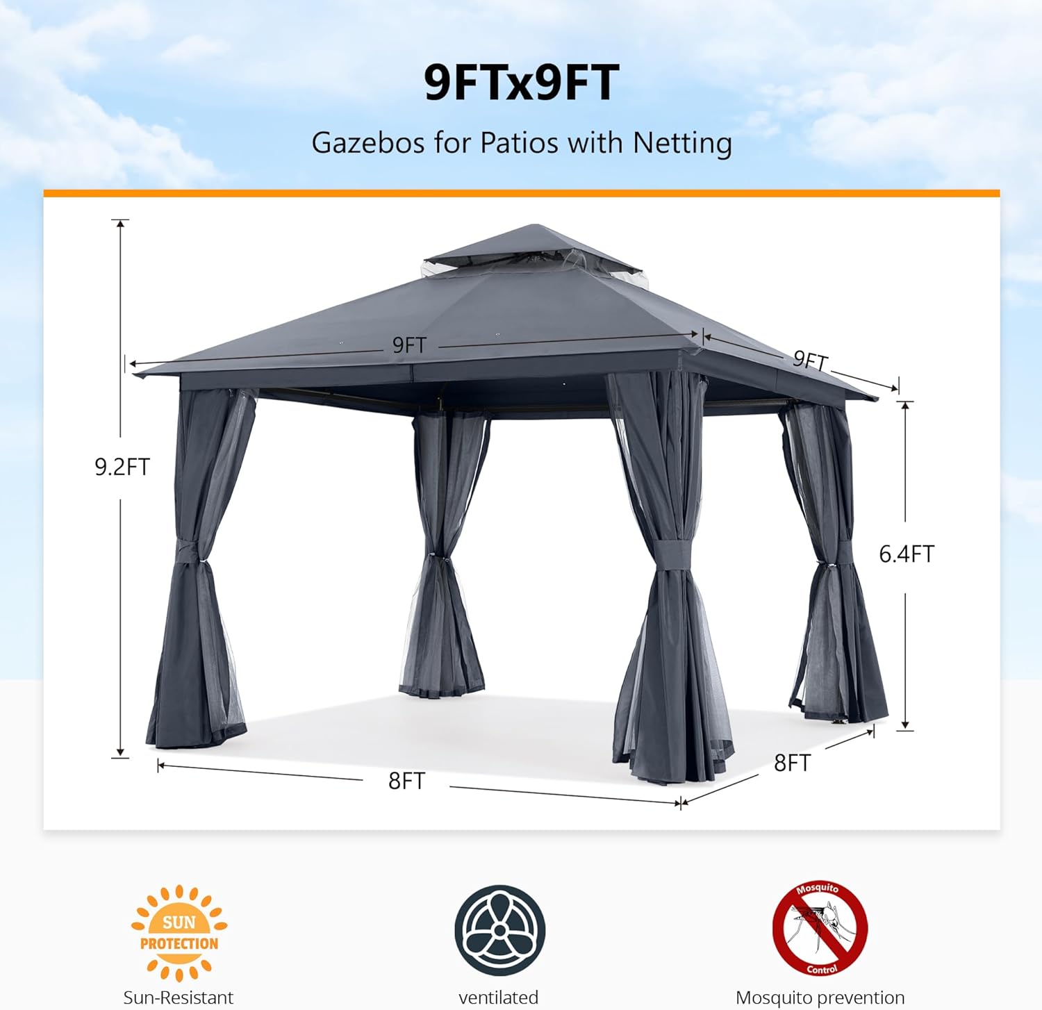 ABCCANOPY Outdoor Patio Gazebo 9x9/11x11 with Mosquito Netting & Curtain