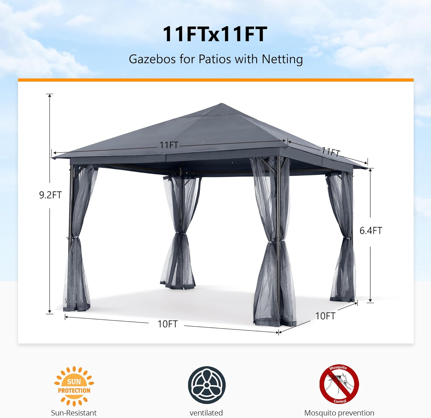 ABCCANOPY Outdoor Patio Gazebo 11x11 Single Roof with Mosquito Netting