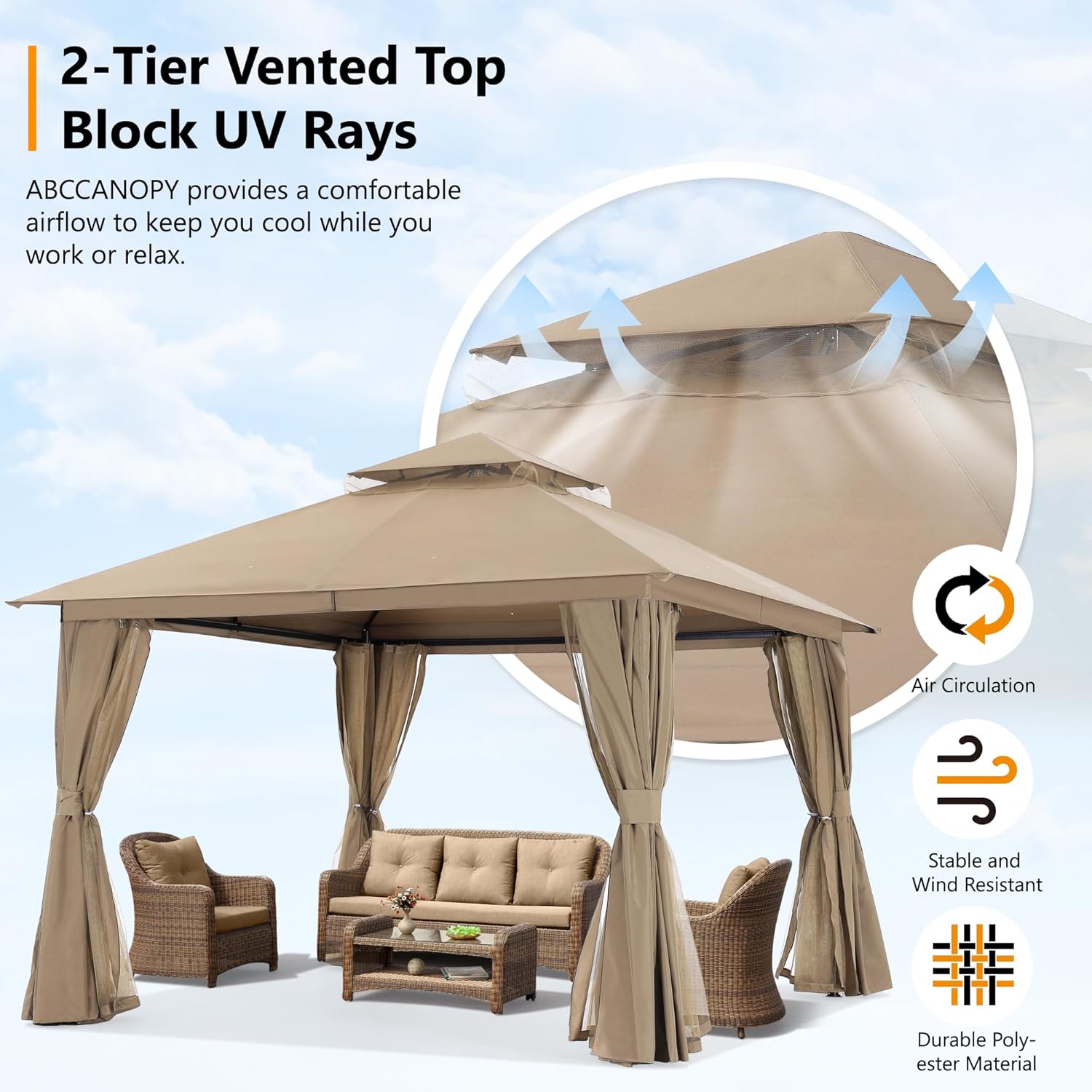 ABCCANOPY Outdoor Patio Gazebo 9x9/11x11 with Mosquito Netting & Curtain