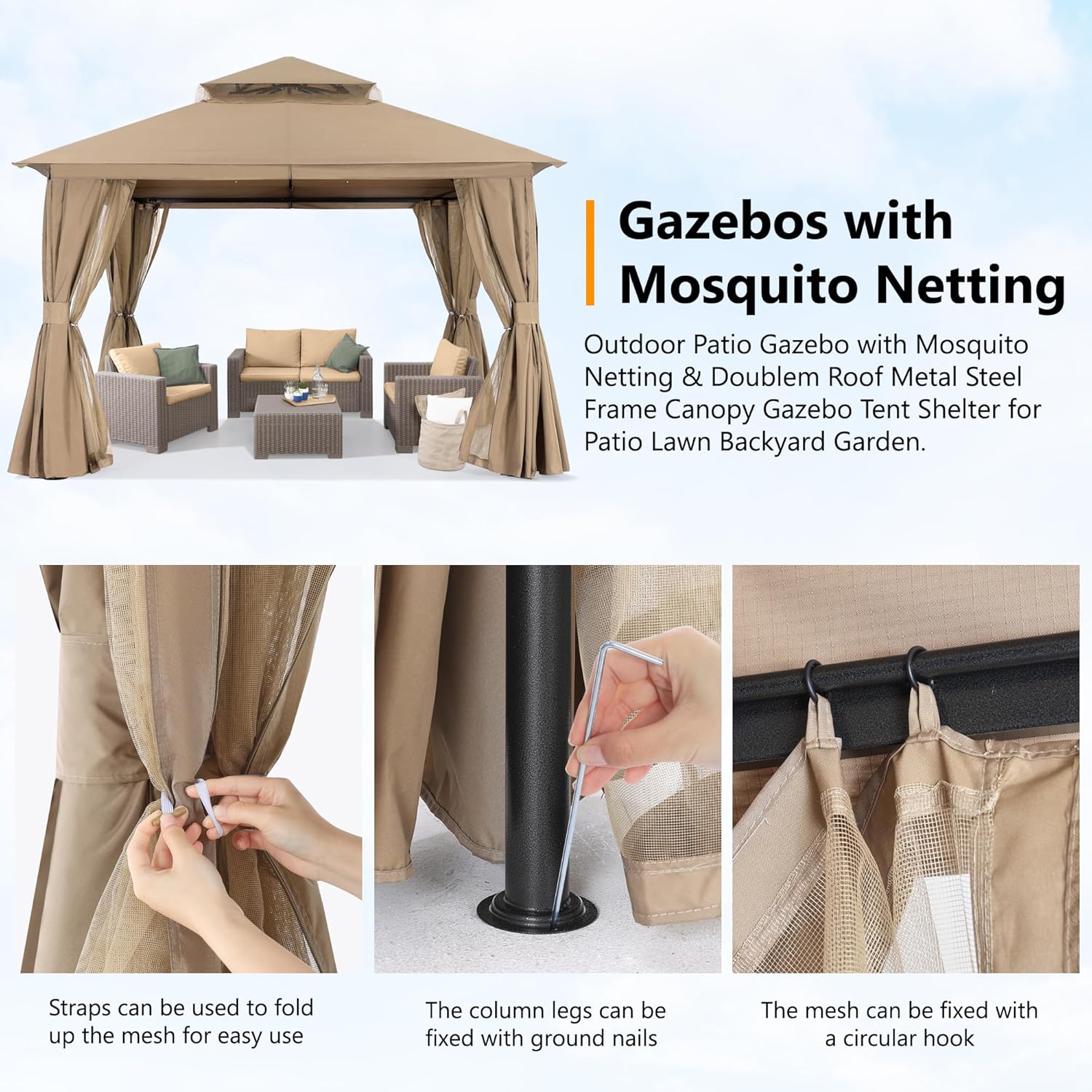ABCCANOPY Outdoor Patio Gazebo 9x9/11x11 with Mosquito Netting & Curtain