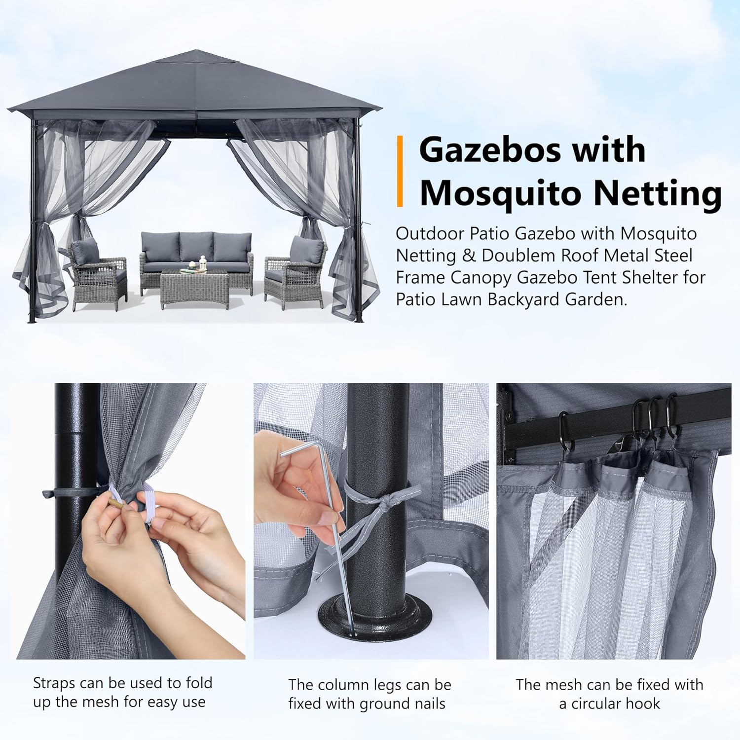 ABCCANOPY Outdoor Patio Gazebo 11x11 Single Roof with Mosquito Netting