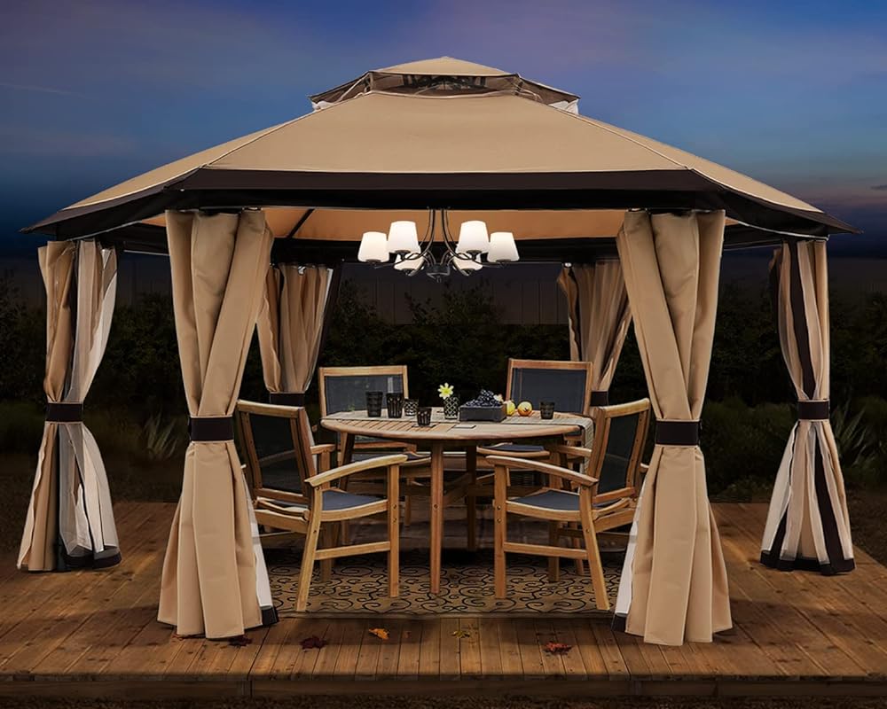 ABCCANOPY 10x10/13x13 Outdoor Hexagonal Gazebo with Netting and Privacy Curtains
