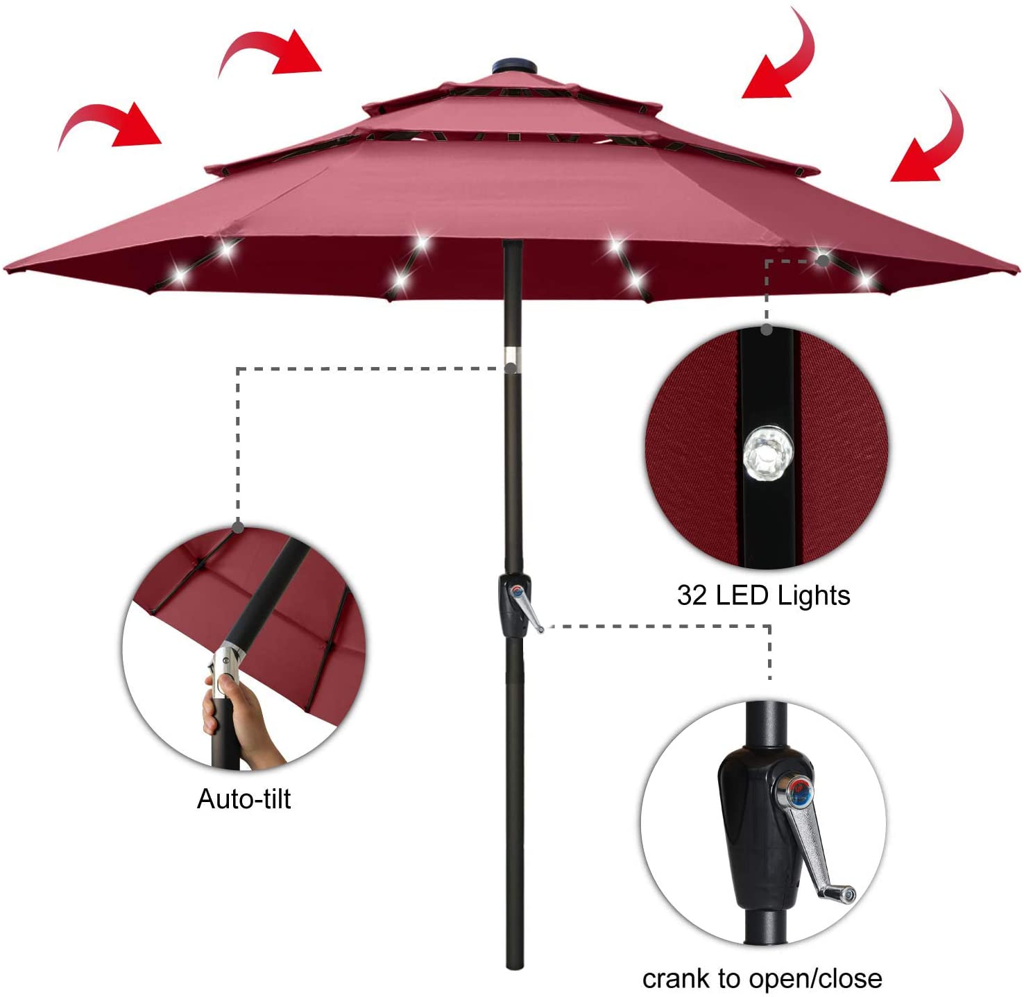 Solar 3 Tiers Patio Umbrella Outdoorwith 32 LED Ventilation - ABC-CANOPY