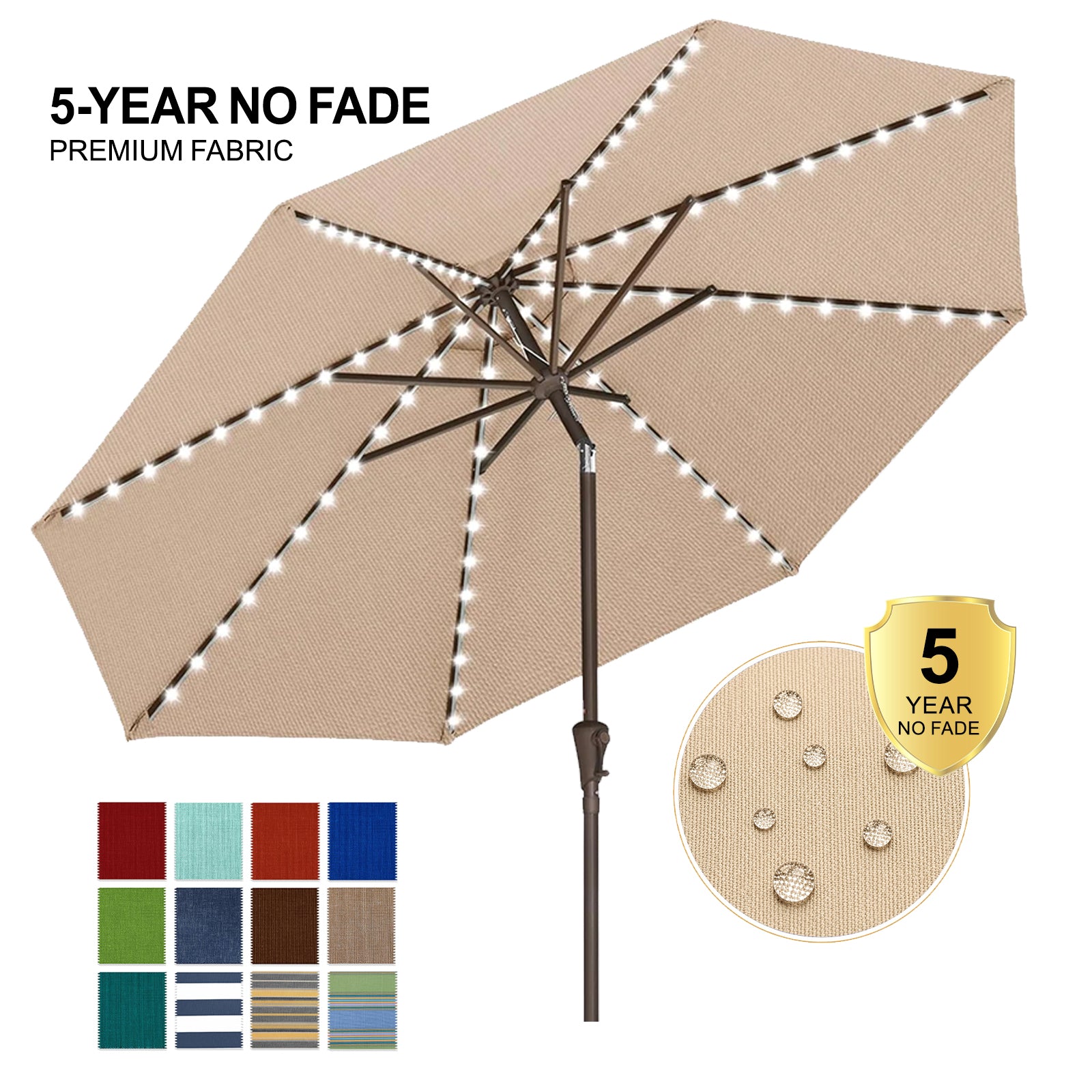 ABCCANOPY OLEFIN 5-Year No Fading Patio Umbrella with Solar Lights 9FT 8Ribs