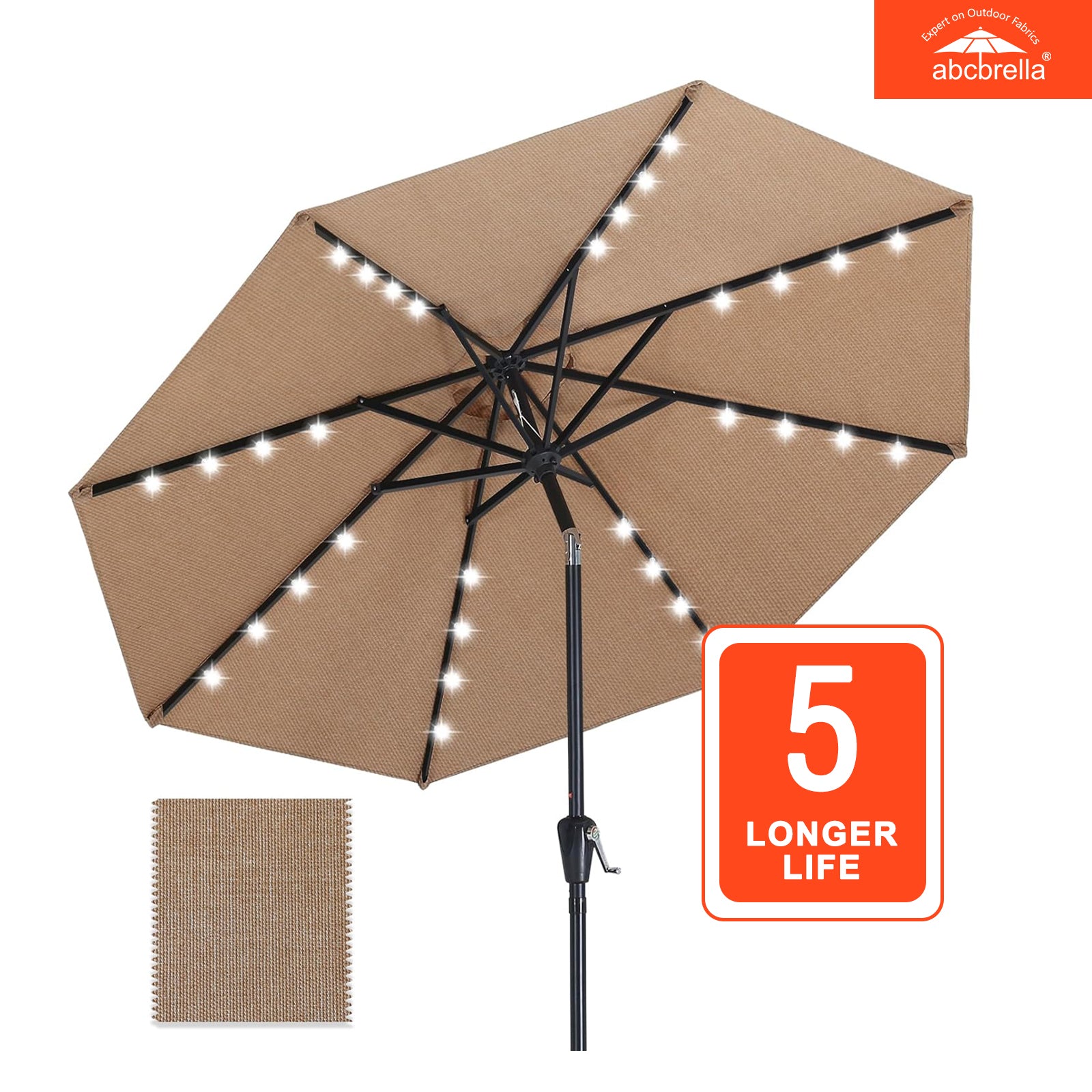 ABCCANOPY OLEFIN 5-Year No Fading Patio Umbrella with Solar Lights 9FT 8Ribs