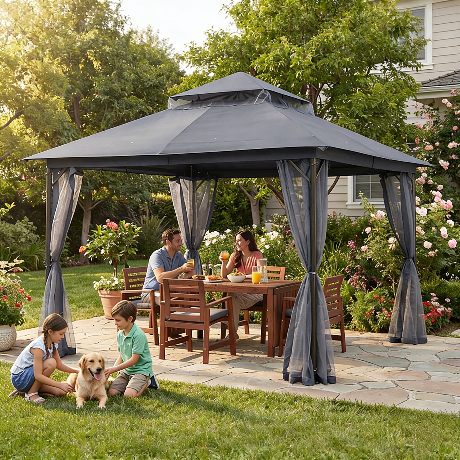 ABCCANOPY Outdoor Patio Gazebo Double Roof Canopy with Mosquito Netting - 11x11, 11x13