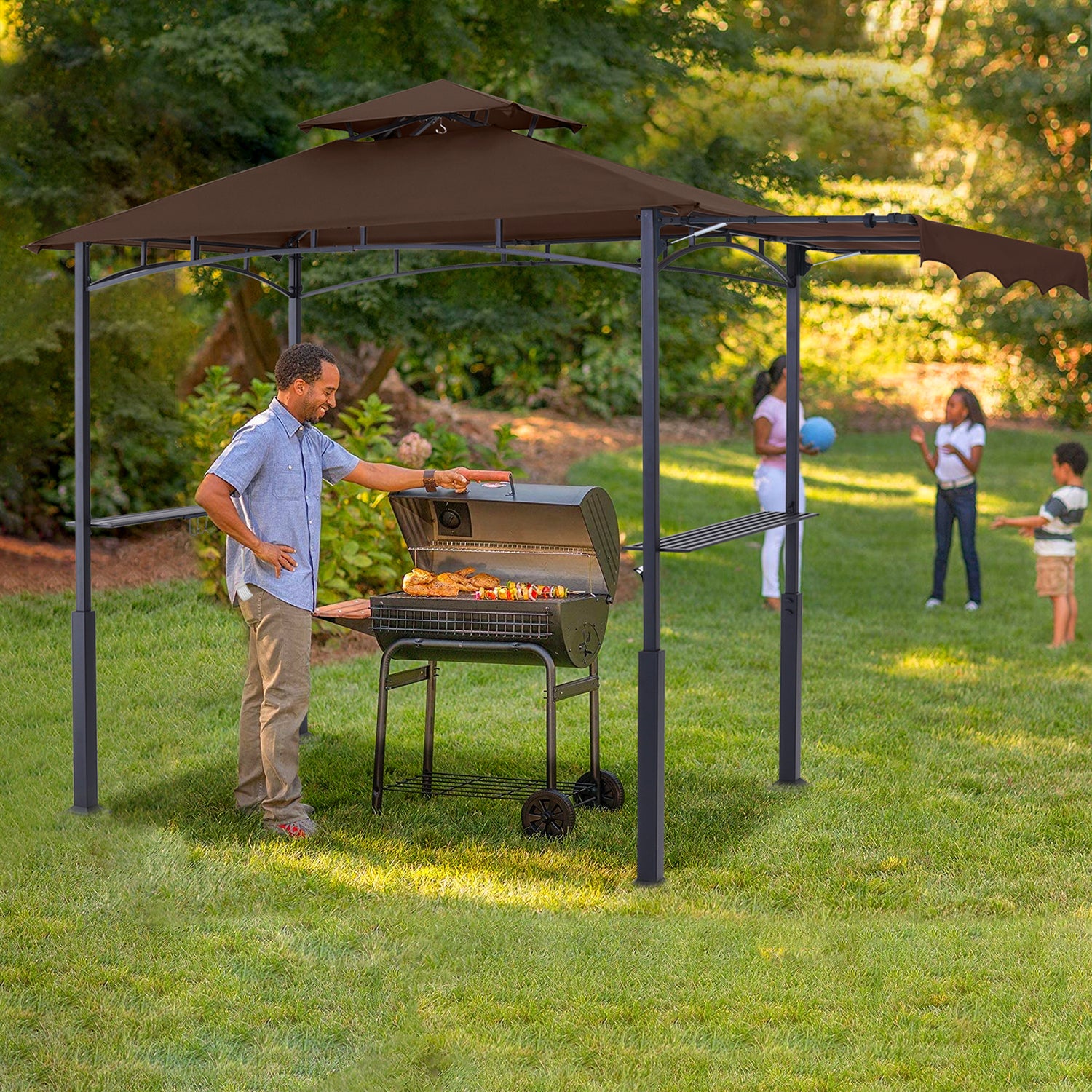 ABCCANOPY 8x5 Outdoor Grill Gazebo with Extra Awning BBQ Canopy with LED Lights