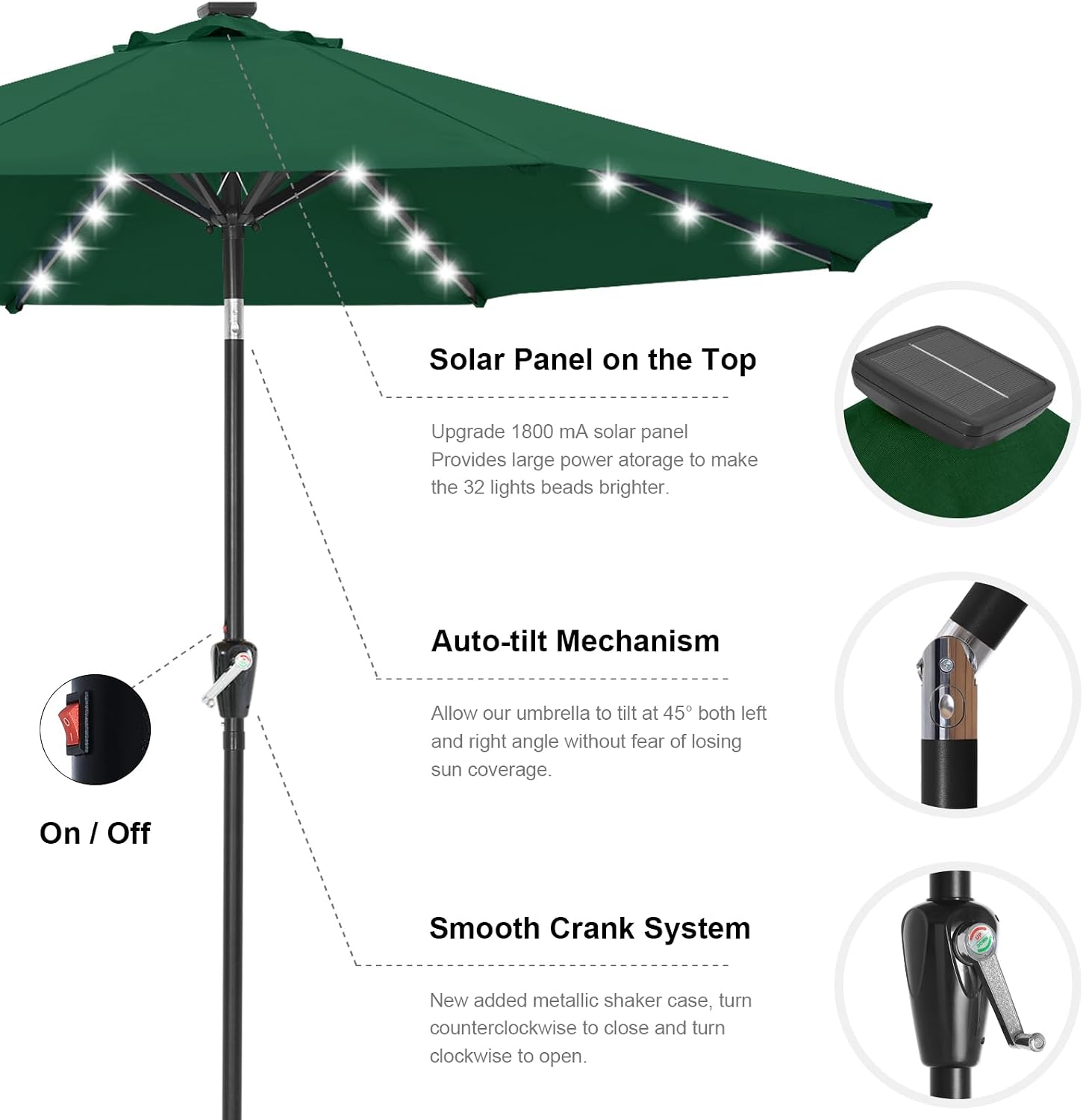 Outdoor Solar Patio Umbrella with 32 LED Lights 8 Ribs