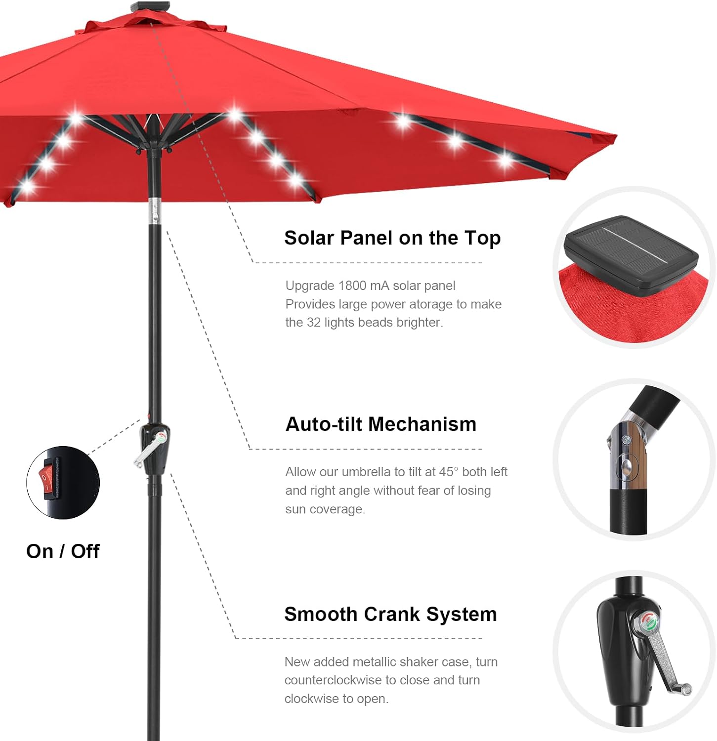 Outdoor Solar Patio Umbrella with 32 LED Lights 8 Ribs