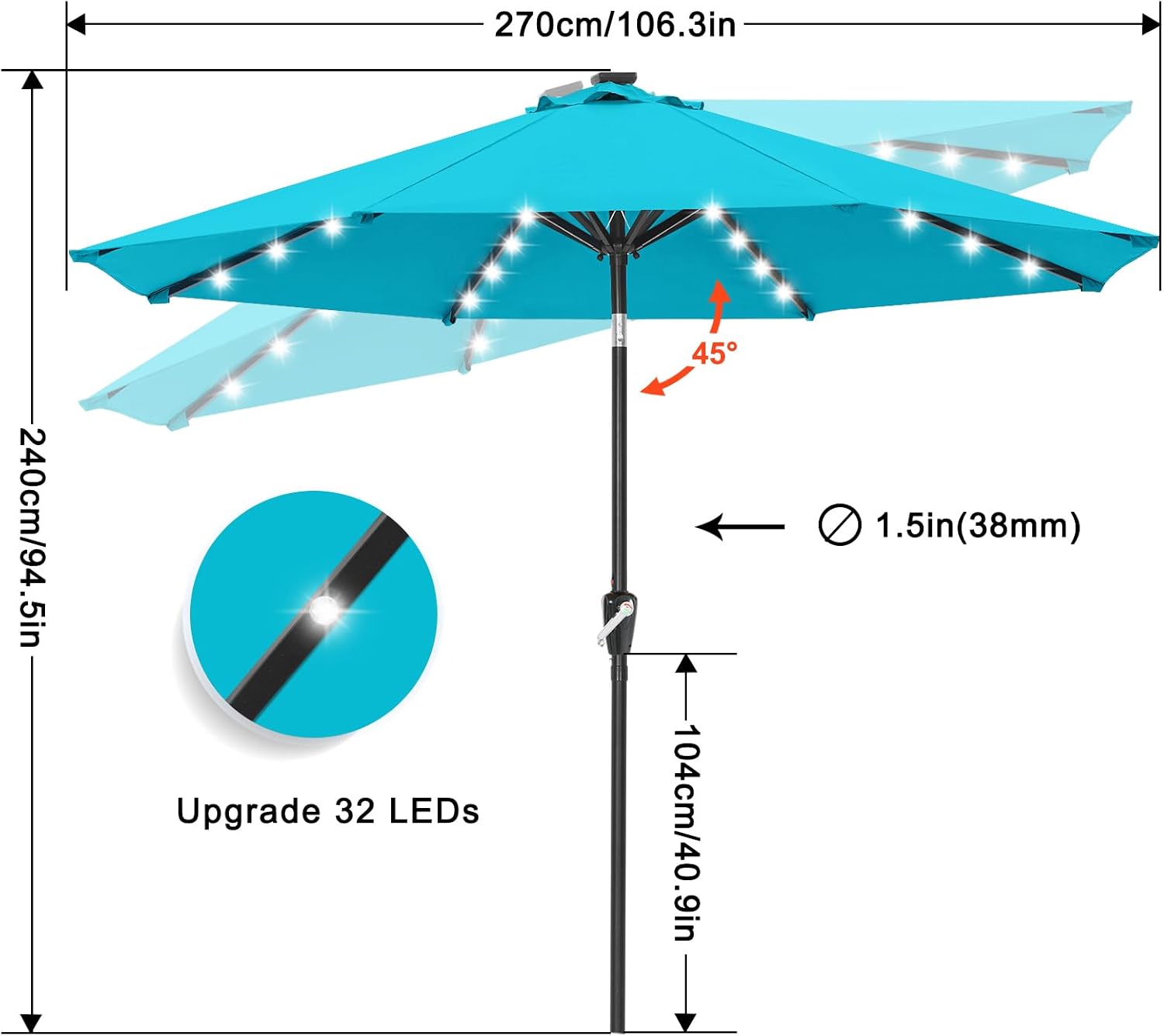 Outdoor Solar Patio Umbrella with 32 LED Lights 8 Ribs