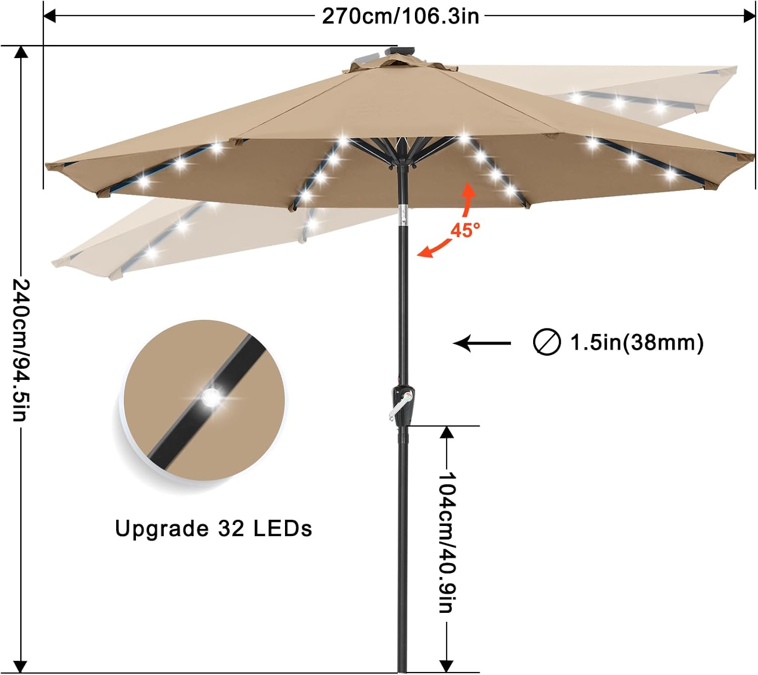 Outdoor Solar Patio Umbrella with 32 LED Lights 8 Ribs