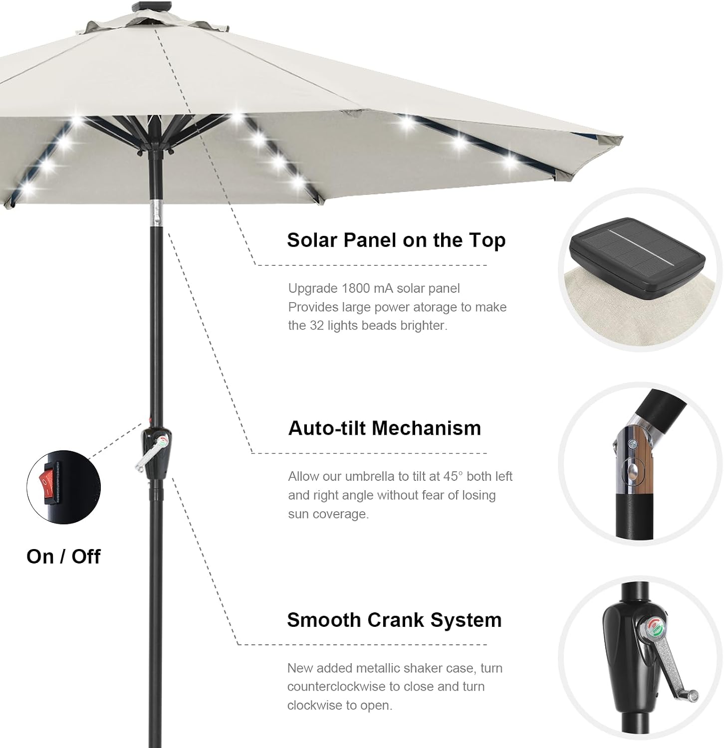 Outdoor Solar Patio Umbrella with 32 LED Lights 8 Ribs