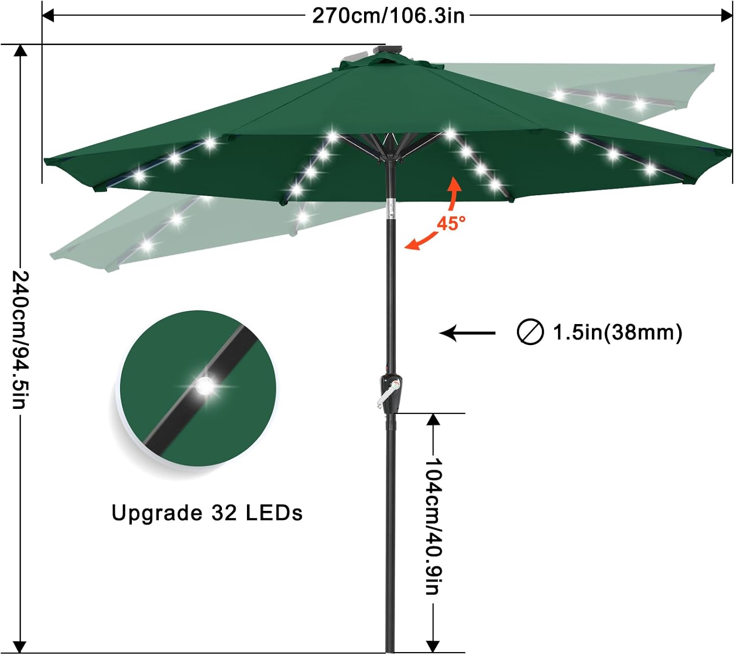 Outdoor Solar Patio Umbrella with 32 LED Lights 8 Ribs