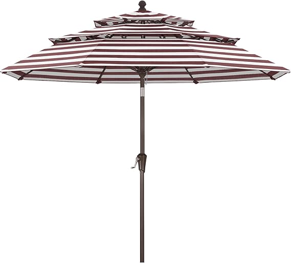 chocolate brown striped patio umbrella Sunnydaze 9-Foot Outdoor with Solar Lights, Awning Stripe Year No Fading Cubilan Outdoor Patio Umbrella, Market