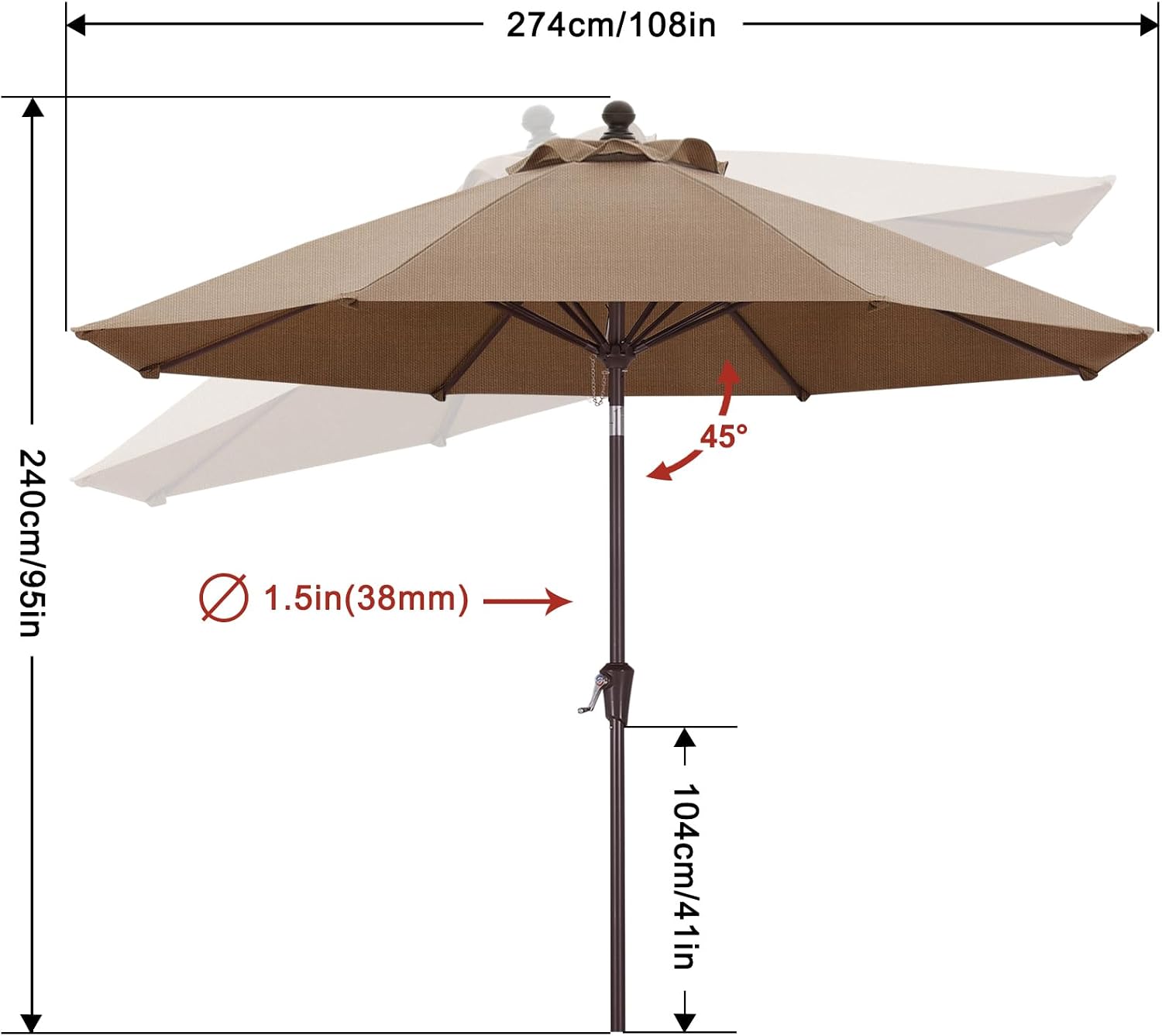 9FT Patio Umbrella Outdoor Table Umbrella 8 Ribs OLEFIN 5-Year No Fading