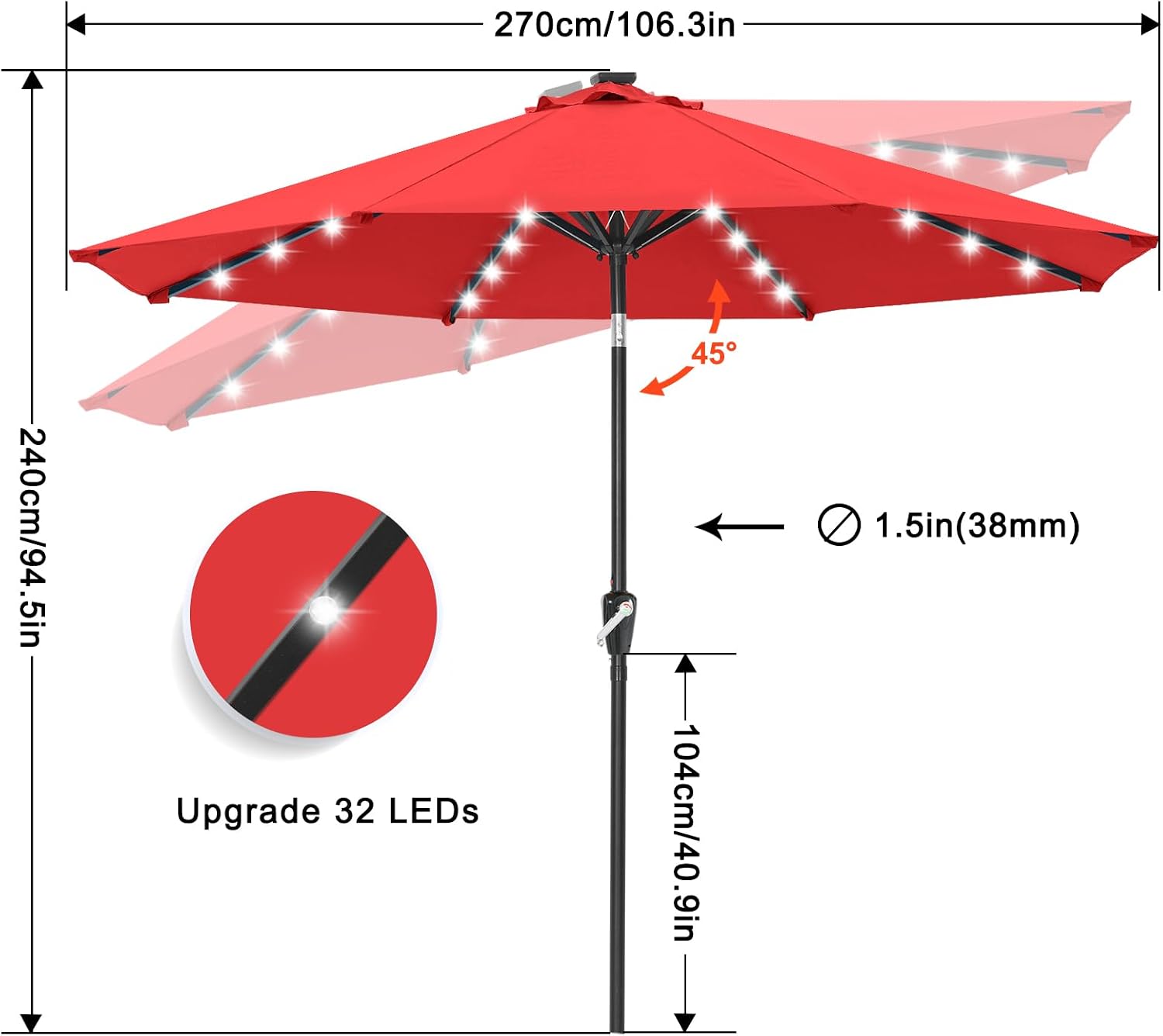 Outdoor Solar Patio Umbrella with 32 LED Lights 8 Ribs