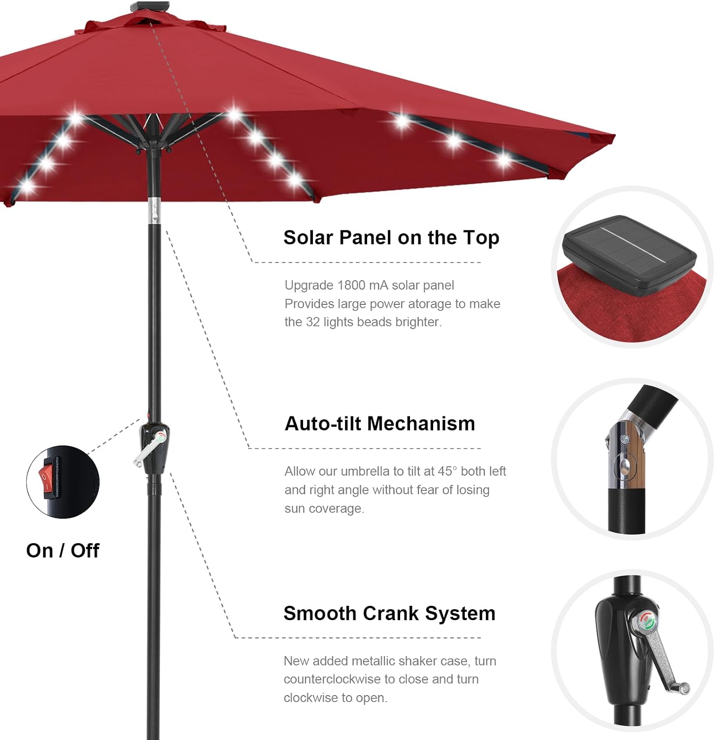 Outdoor Solar Patio Umbrella with 32 LED Lights 8 Ribs