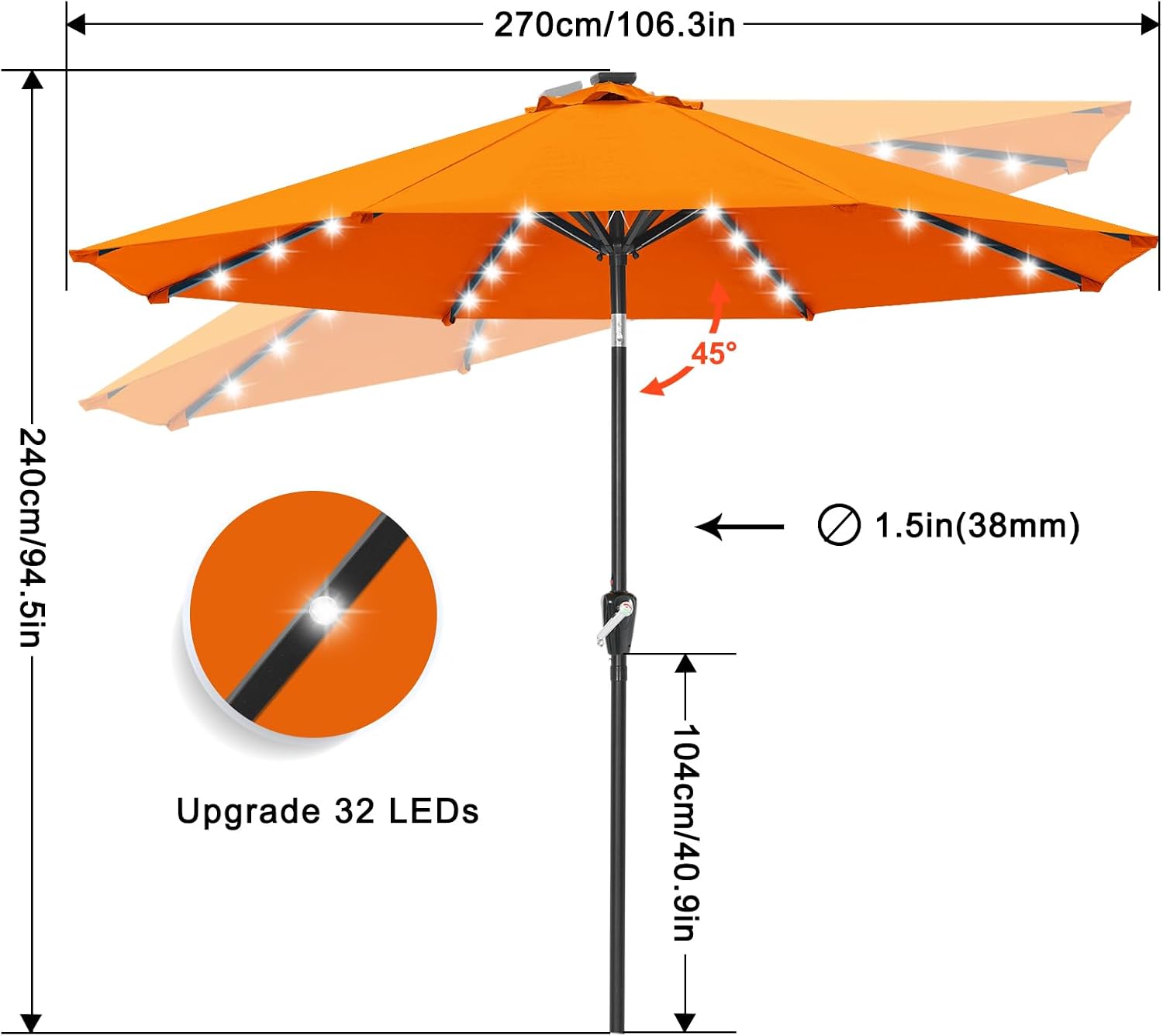 Outdoor Solar Patio Umbrella with 32 LED Lights 8 Ribs