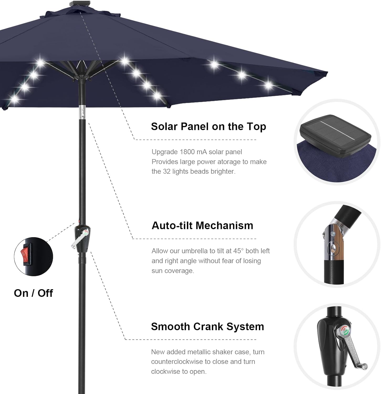 Outdoor Solar Patio Umbrella with 32 LED Lights 8 Ribs