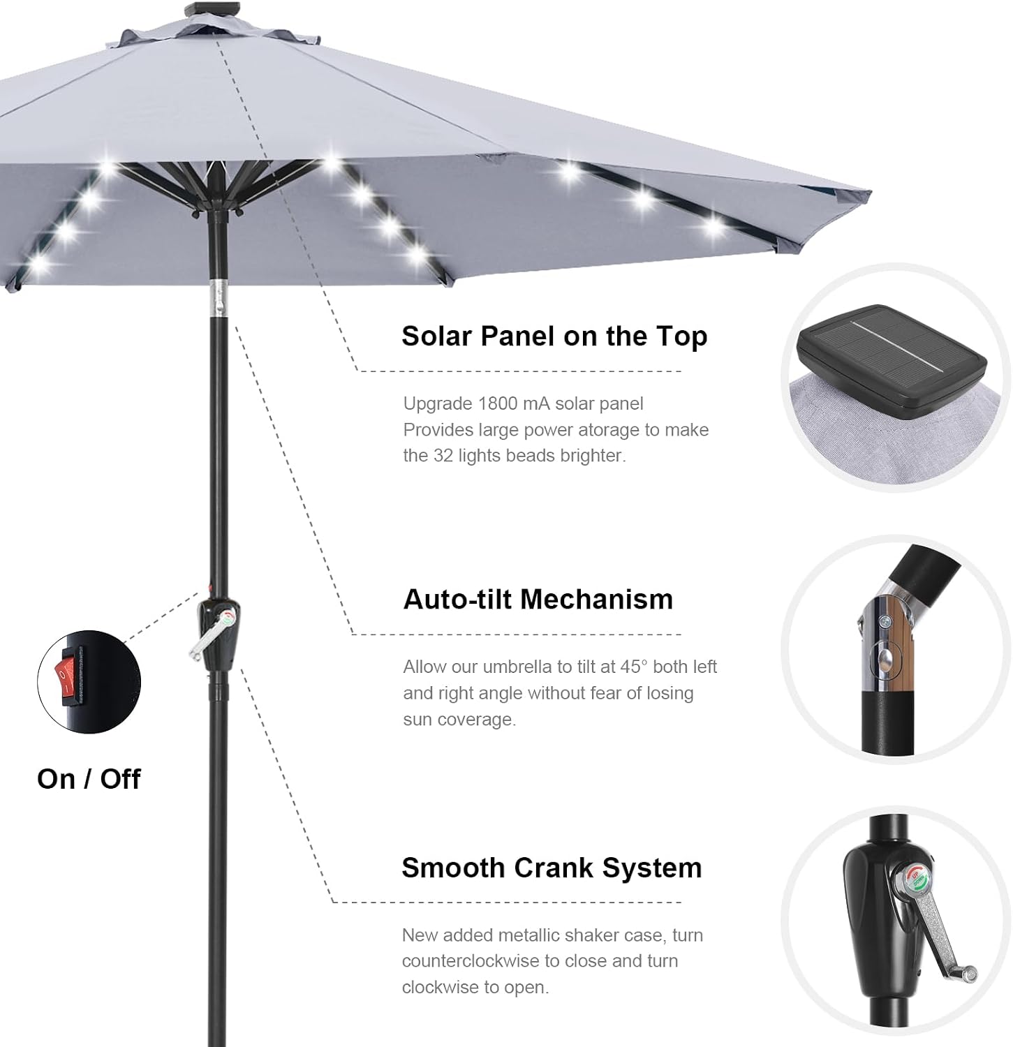 Outdoor Solar Patio Umbrella with 32 LED Lights 8 Ribs