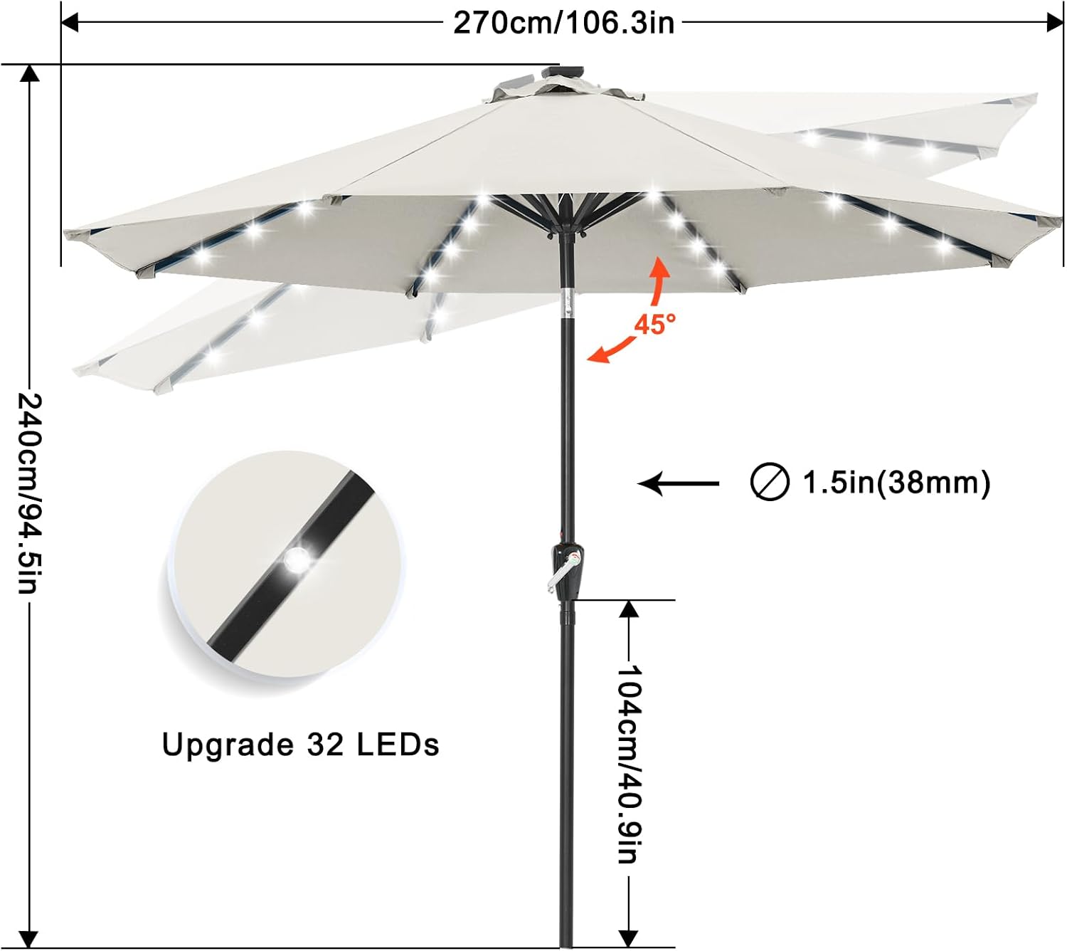 Outdoor Solar Patio Umbrella with 32 LED Lights 8 Ribs
