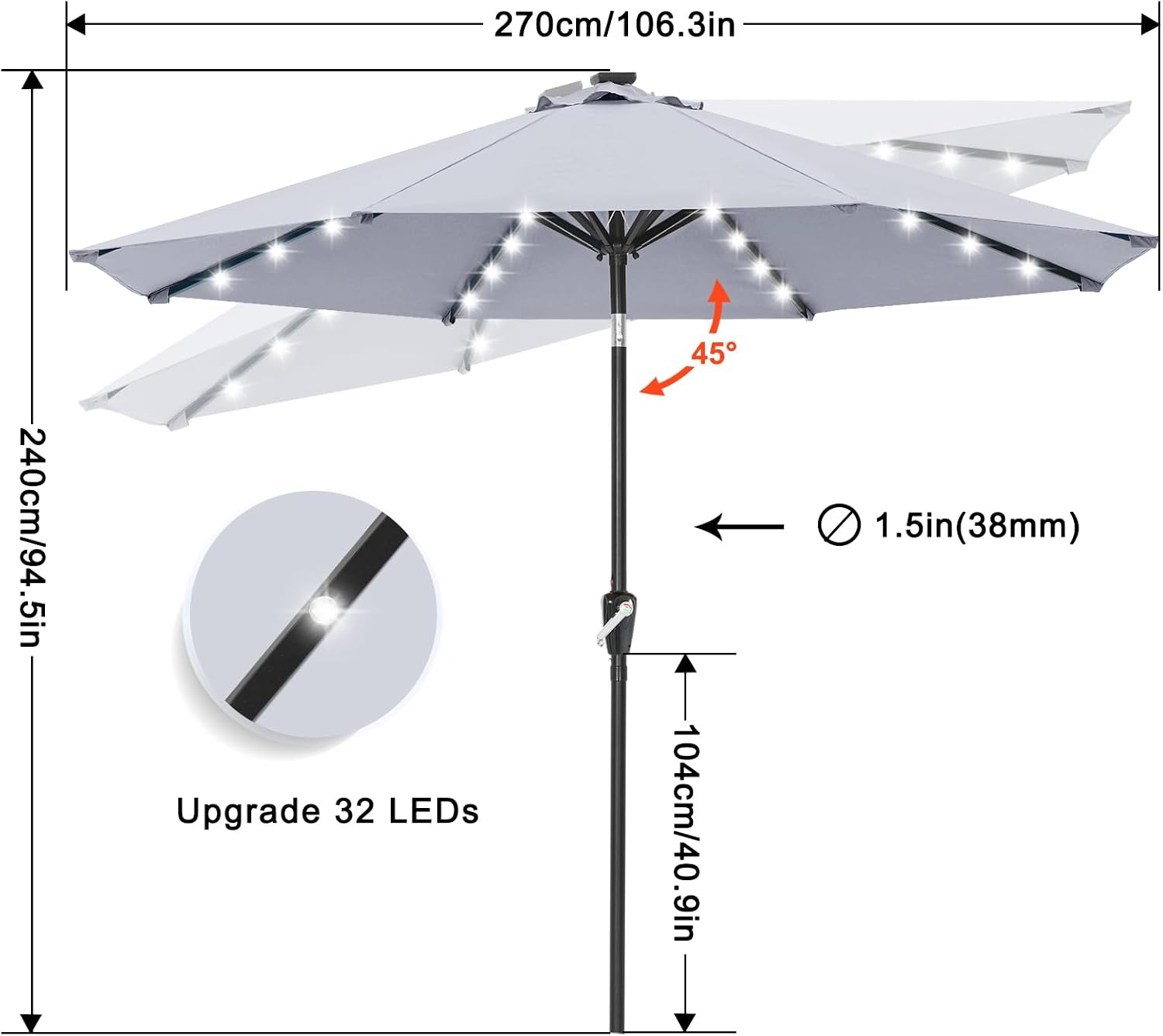 Outdoor Solar Patio Umbrella with 32 LED Lights 8 Ribs