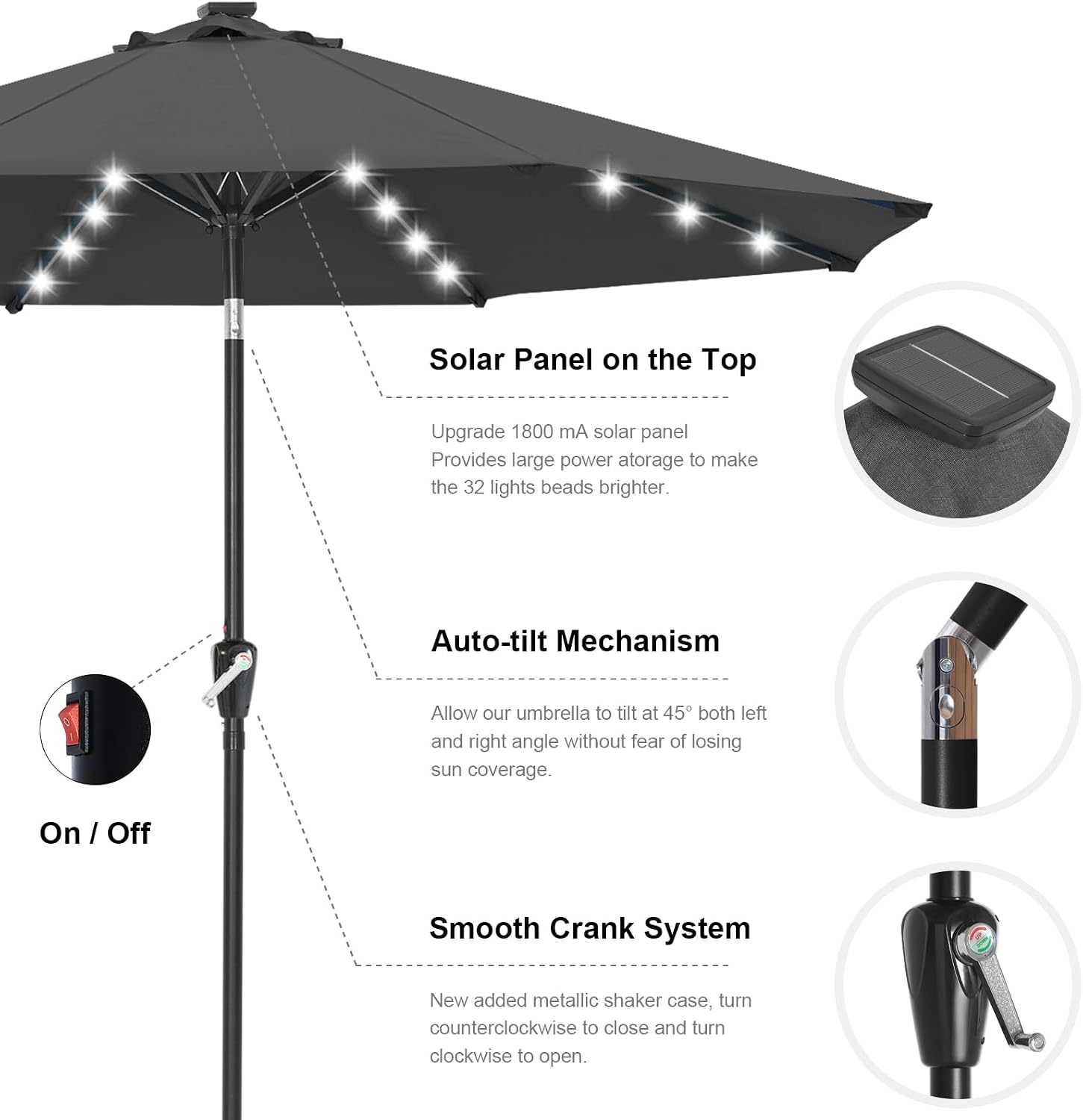 Outdoor Solar Patio Umbrella with 32 LED Lights 8 Ribs