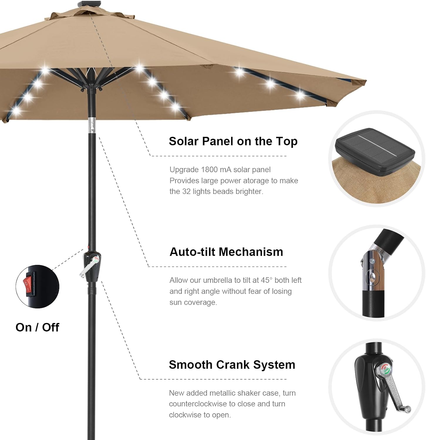 Outdoor Solar Patio Umbrella with 32 LED Lights 8 Ribs