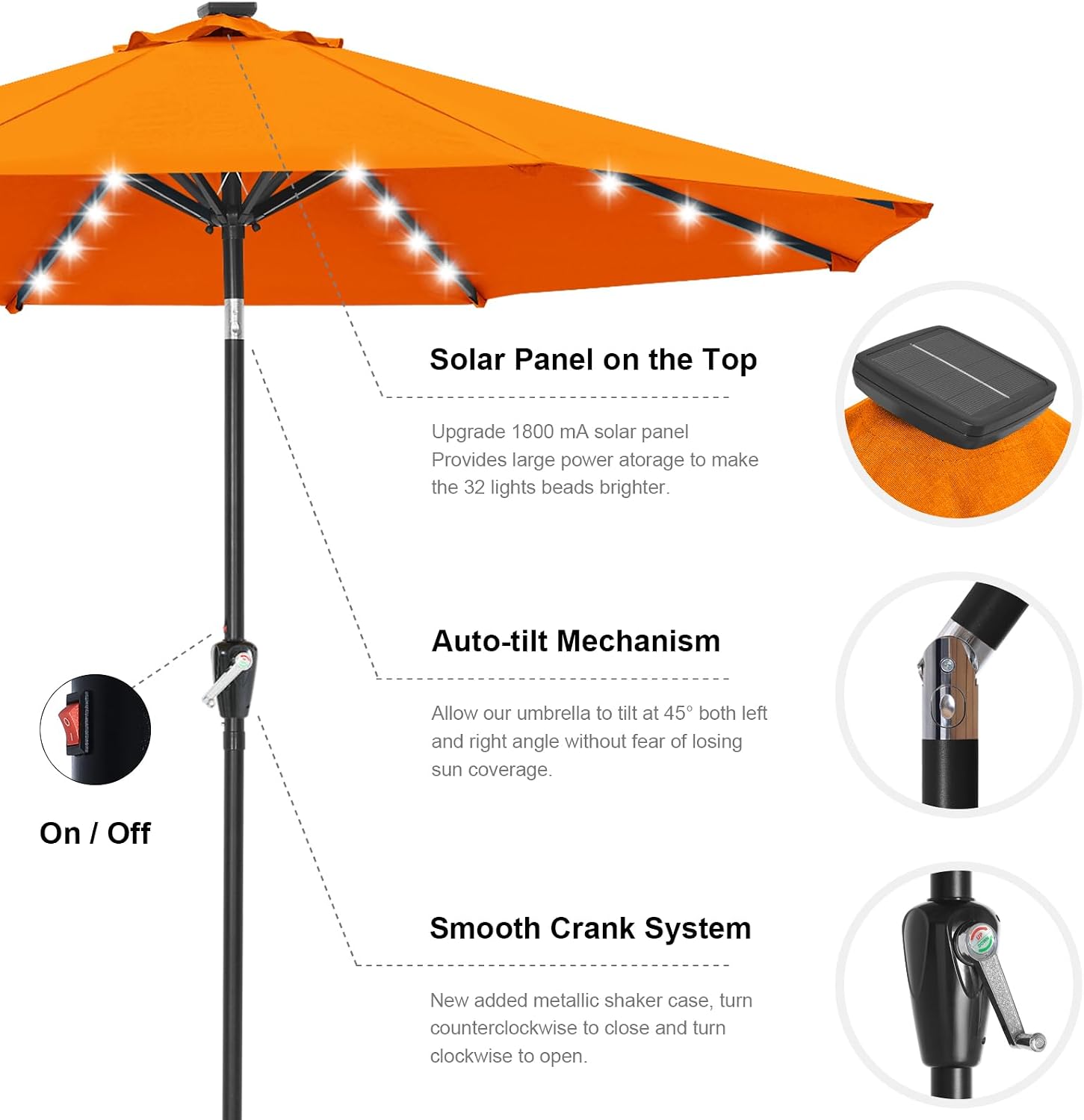 Outdoor Solar Patio Umbrella with 32 LED Lights 8 Ribs