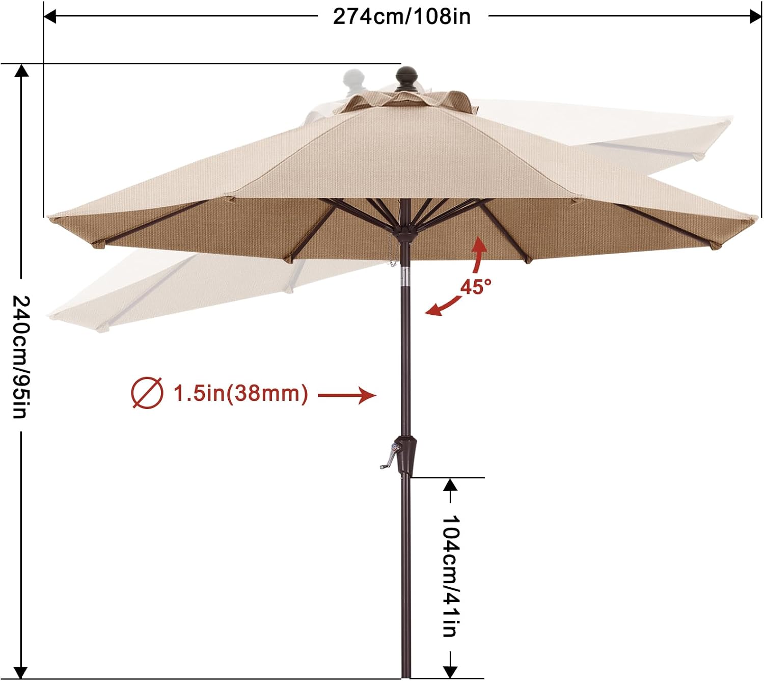 9FT Patio Umbrella Outdoor Table Umbrella 8 Ribs OLEFIN 5-Year No Fading