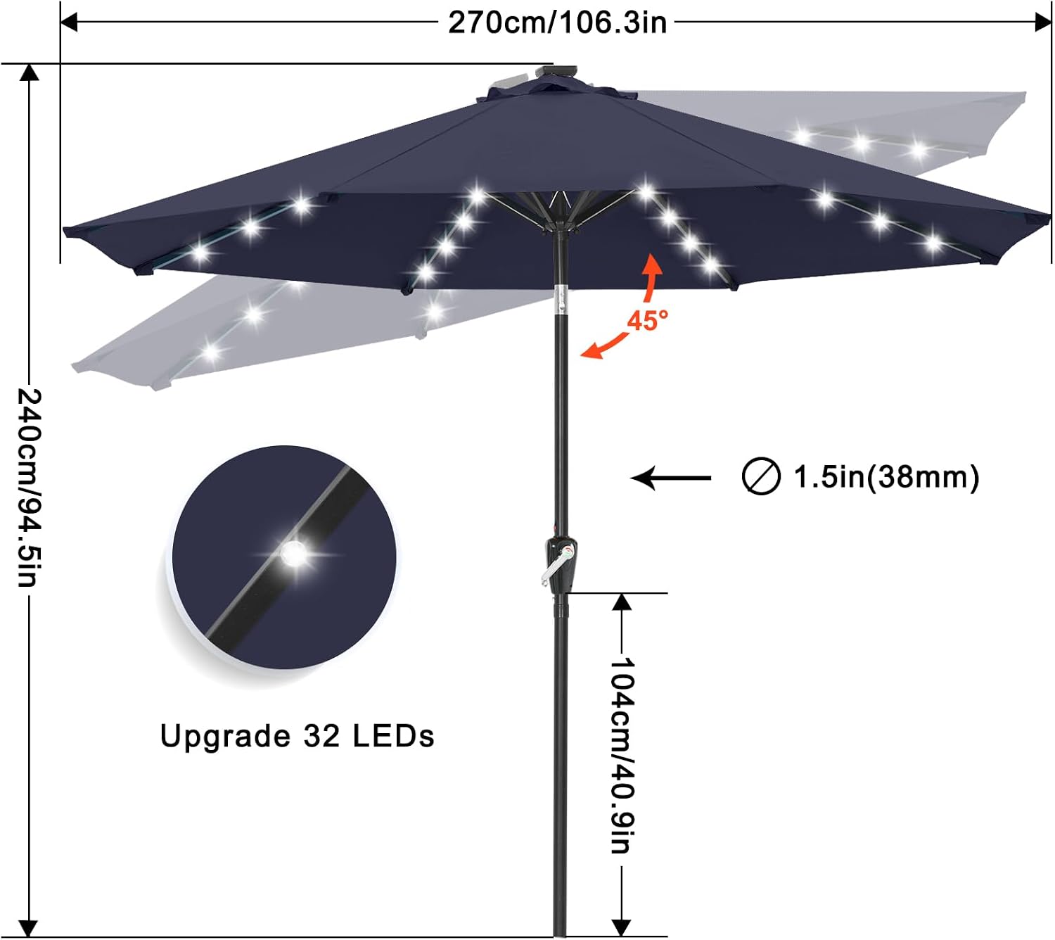 Outdoor Solar Patio Umbrella with 32 LED Lights 8 Ribs