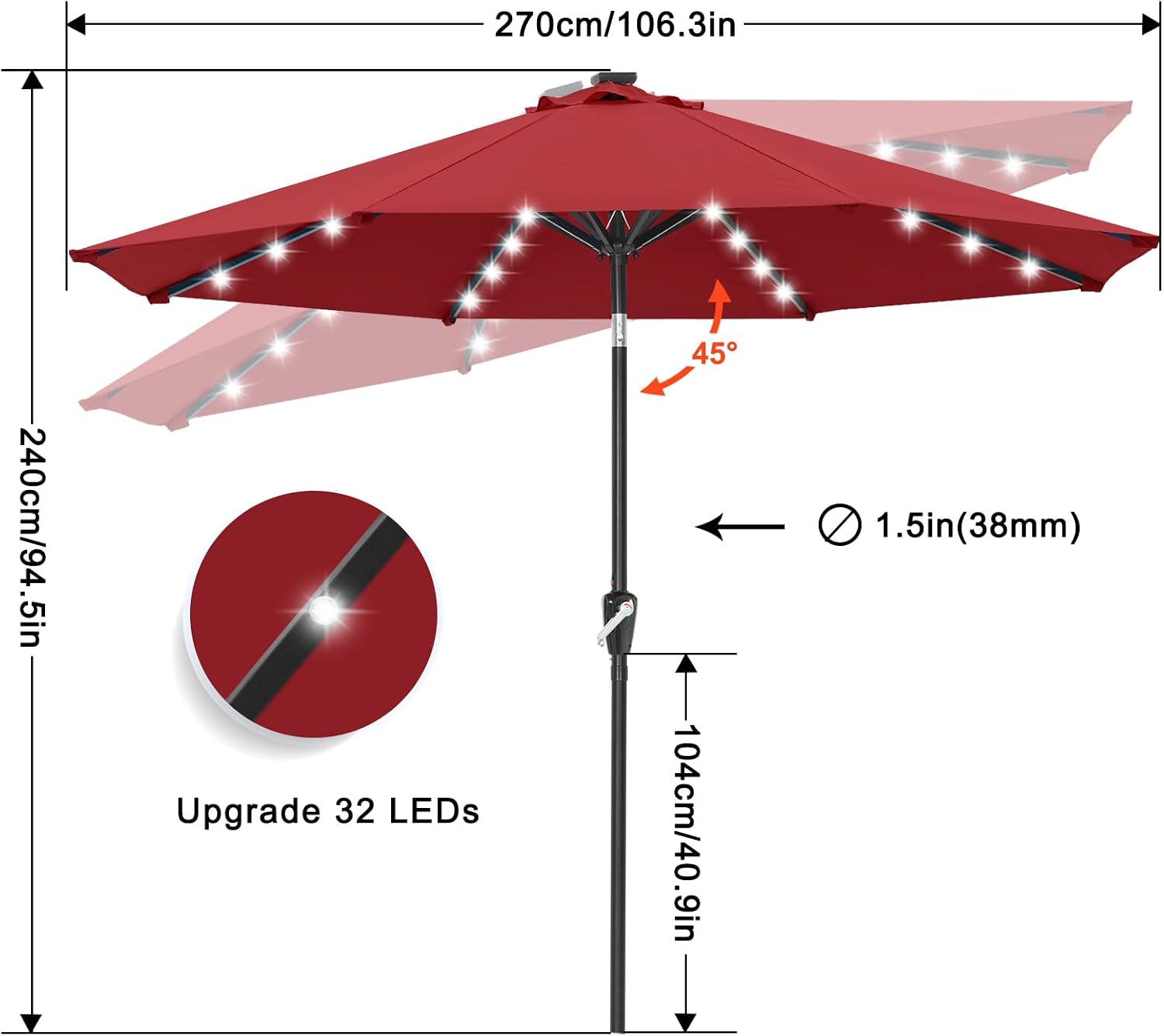 Outdoor Solar Patio Umbrella with 32 LED Lights 8 Ribs