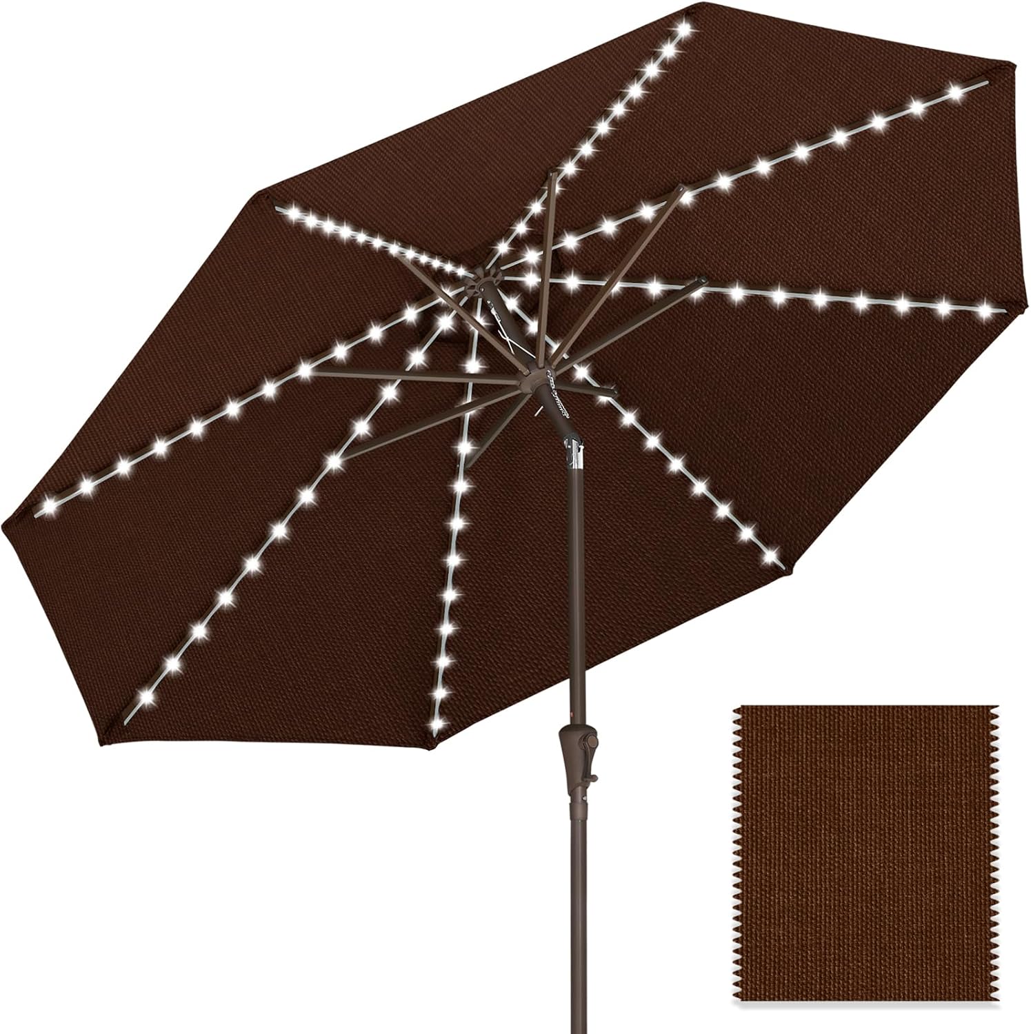 ABCCANOPY OLEFIN 5-Year No Fading Patio Umbrella with Solar Lights 9FT 8Ribs Dark Brown