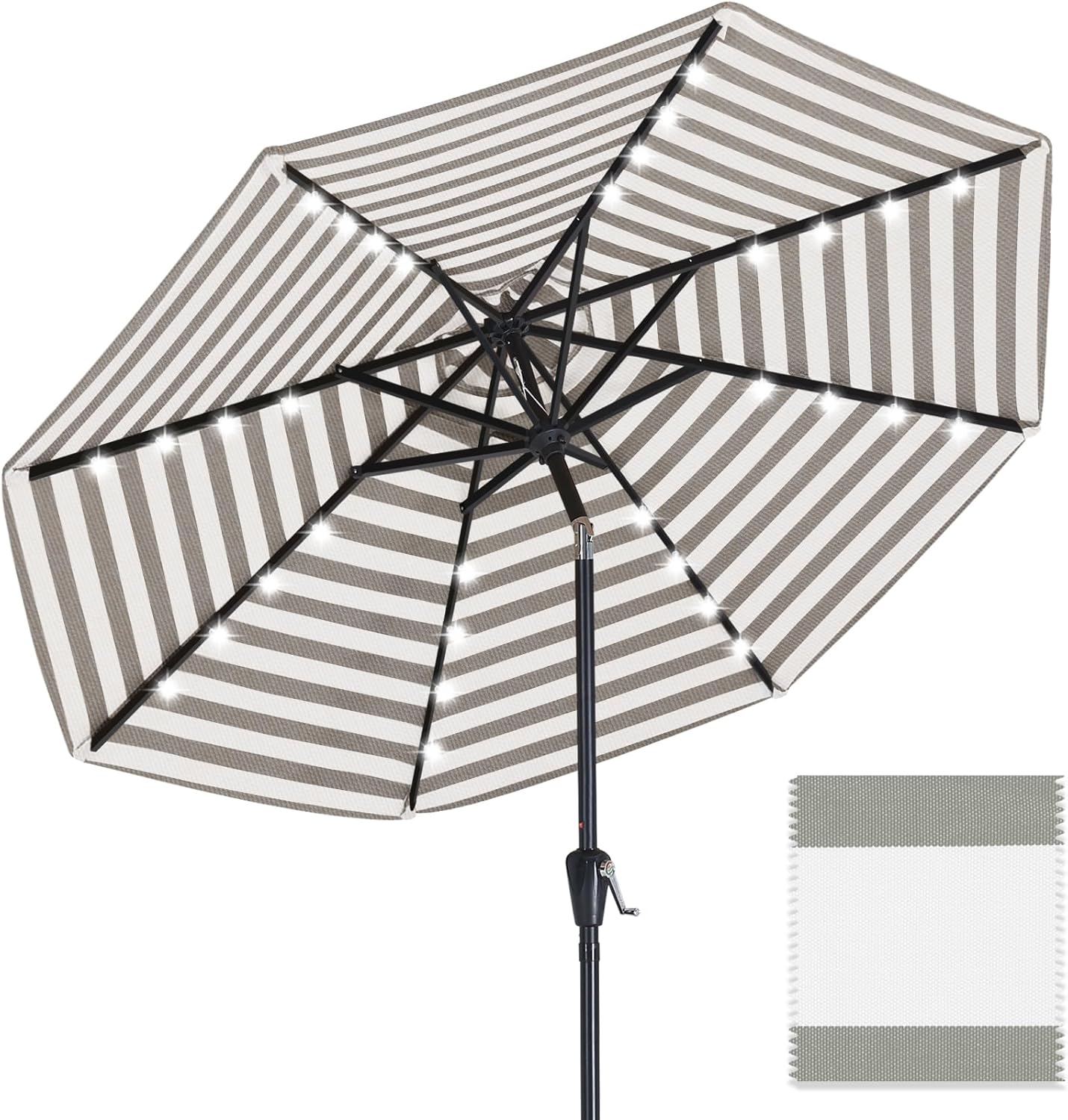 black and white stripe patio umbrella ABCCANOPY OLEFIN 5-Year No Fading Patio Umbrella with Solar Lights 9FT 8Ribs Gray Stripe