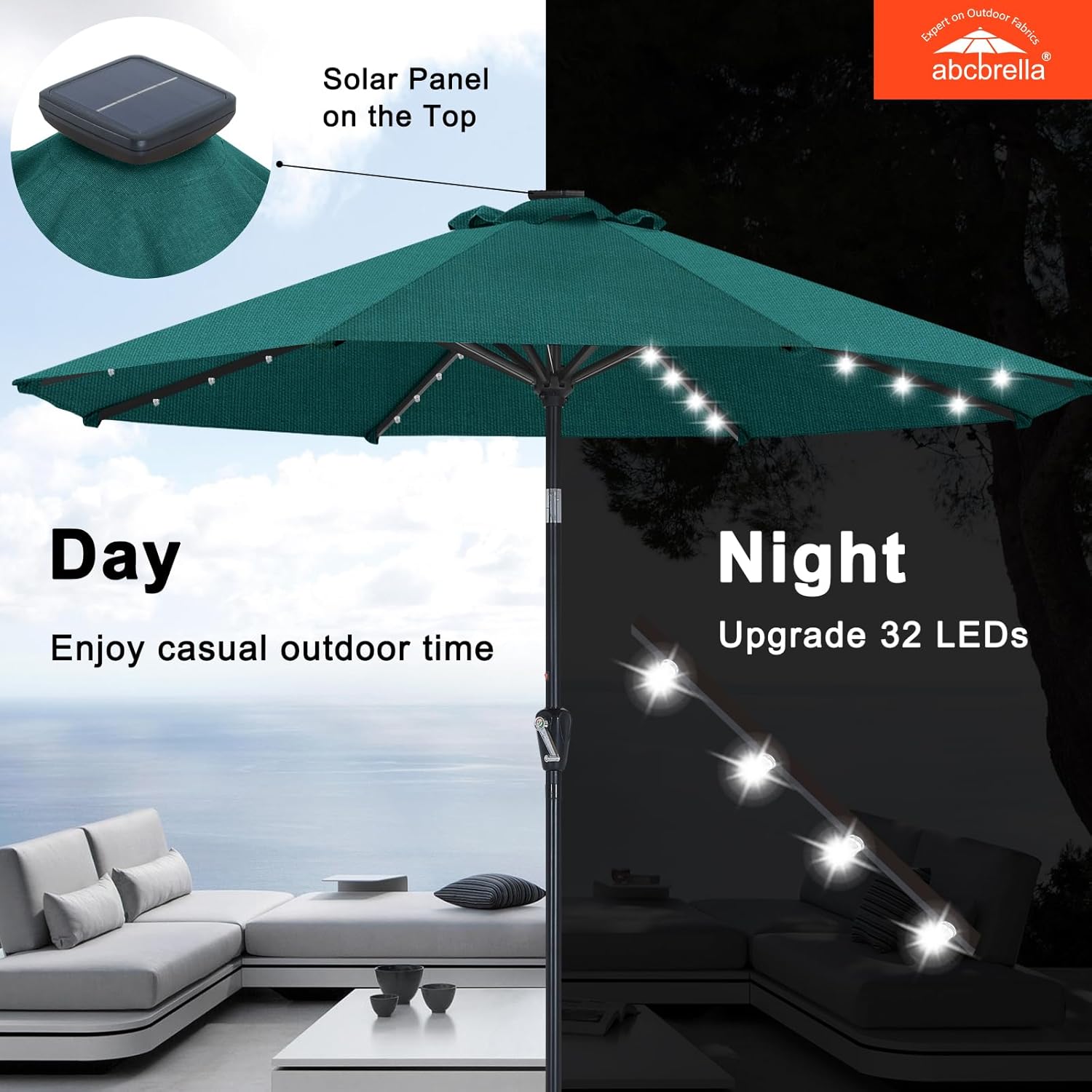 ABCCANOPY OLEFIN 5-Year No Fading Patio Umbrella with Solar Lights 9FT 8Ribs Gray Stripe