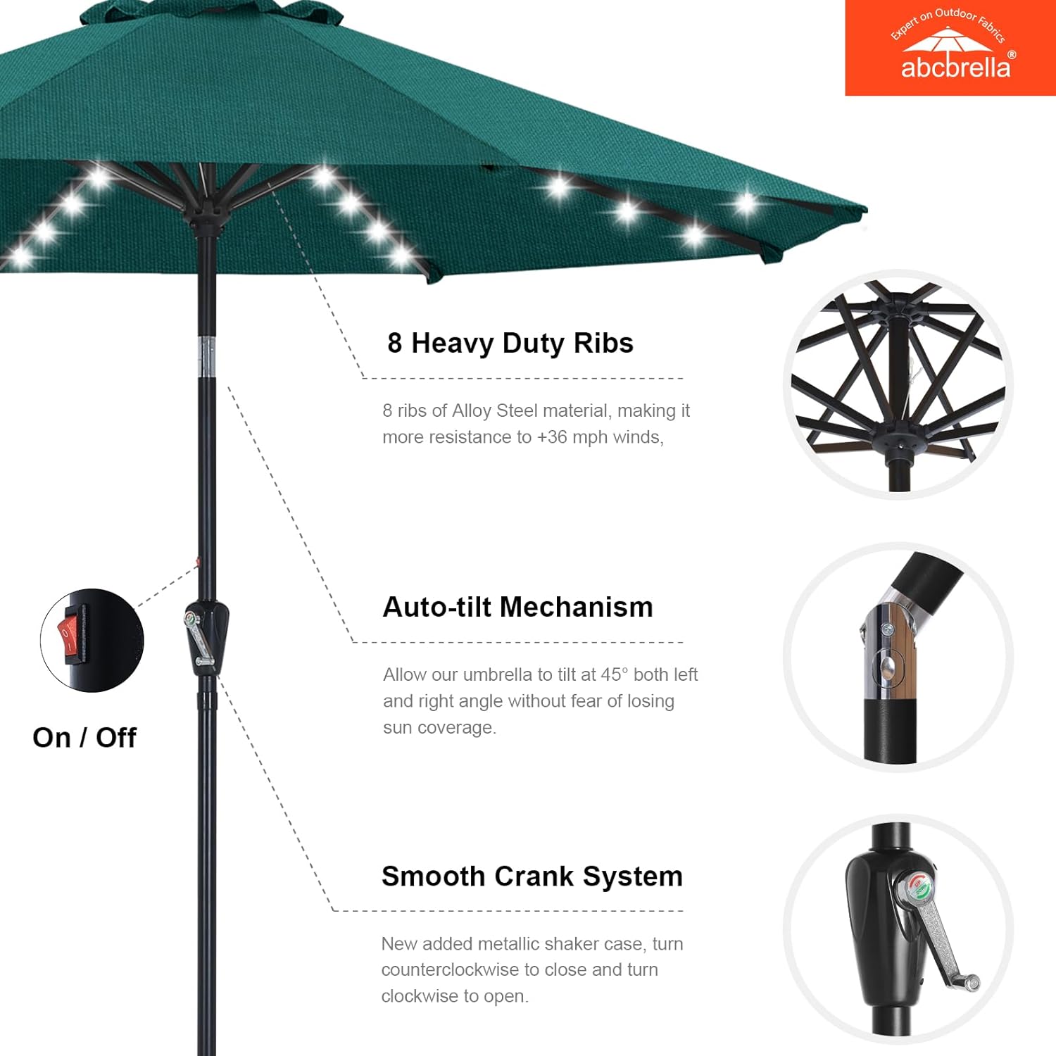 ABCCANOPY OLEFIN 5-Year No Fading Patio Umbrella with Solar Lights 9FT 8Ribs