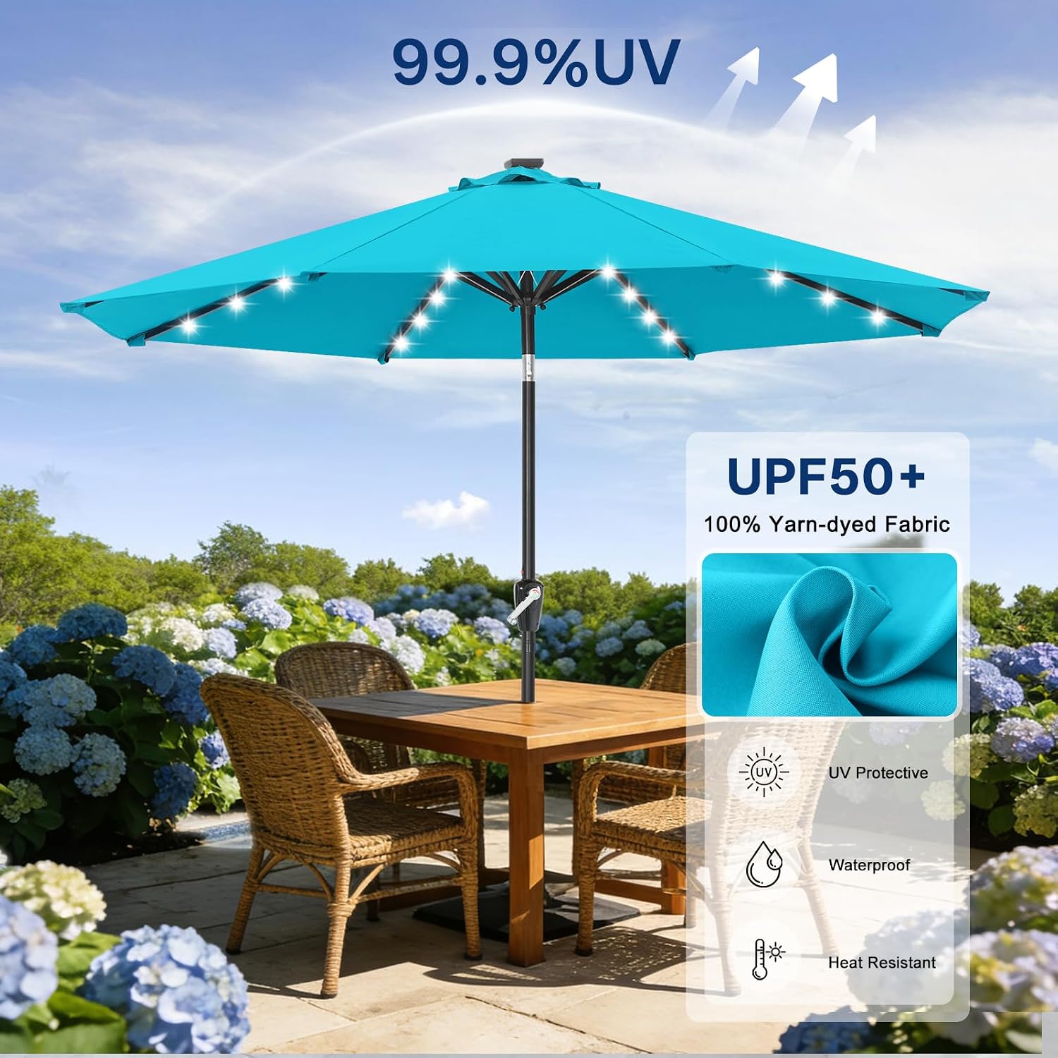 Outdoor Solar Patio Umbrella with 32 LED Lights 8 Ribs