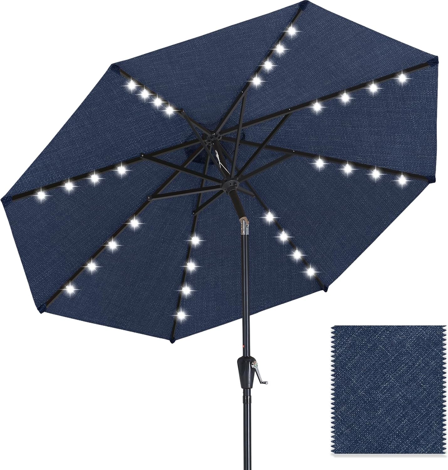 blue patio umbrella with led lights ABCCANOPY OLEFIN 5-Year No Fading Patio Umbrella with Solar Lights 9FT 8Ribs Gray Stripe