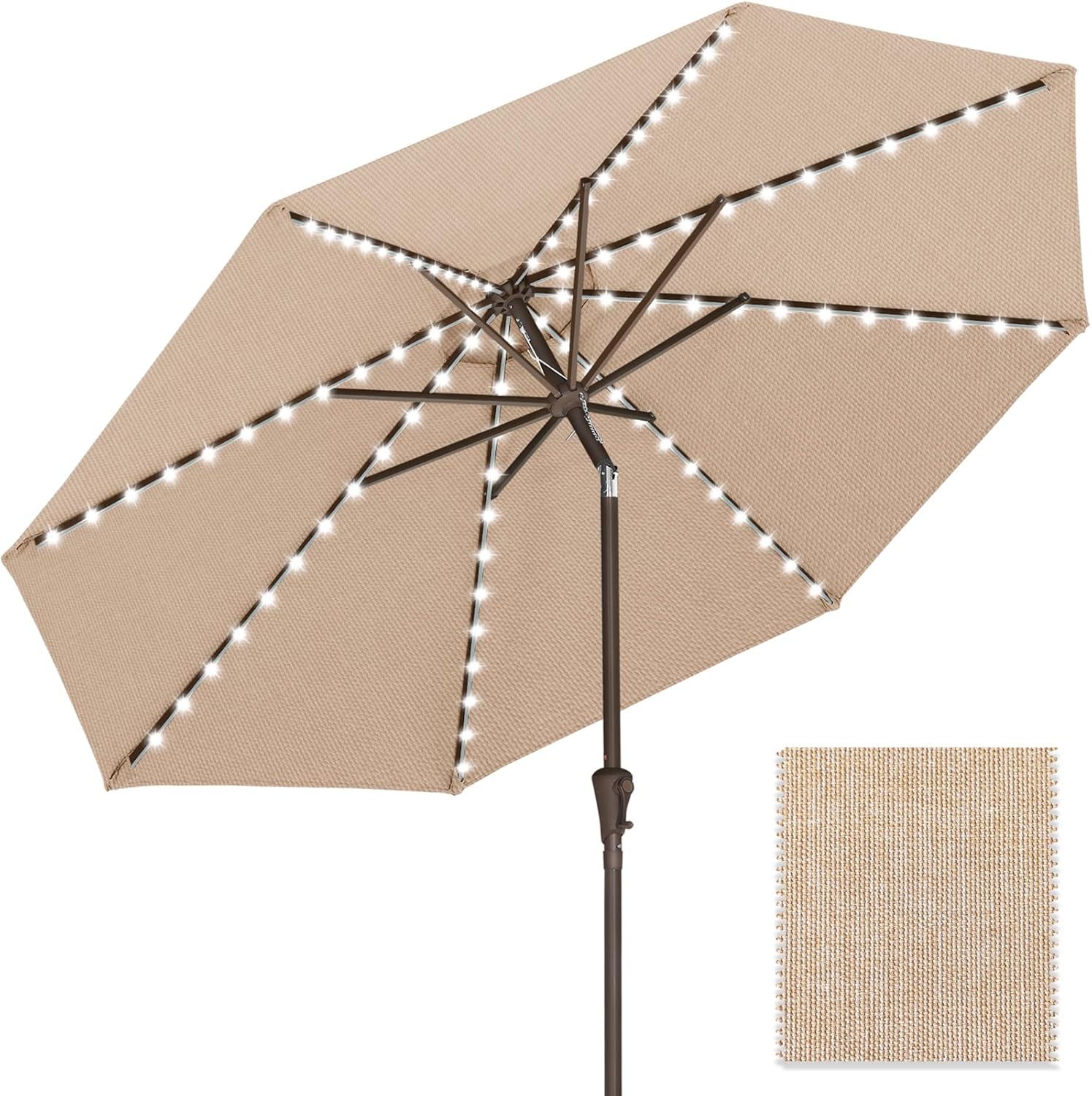 ABCCANOPY OLEFIN 5-Year No Fading Patio Umbrella with Solar Lights 9FT 8Ribs Lighe Beige