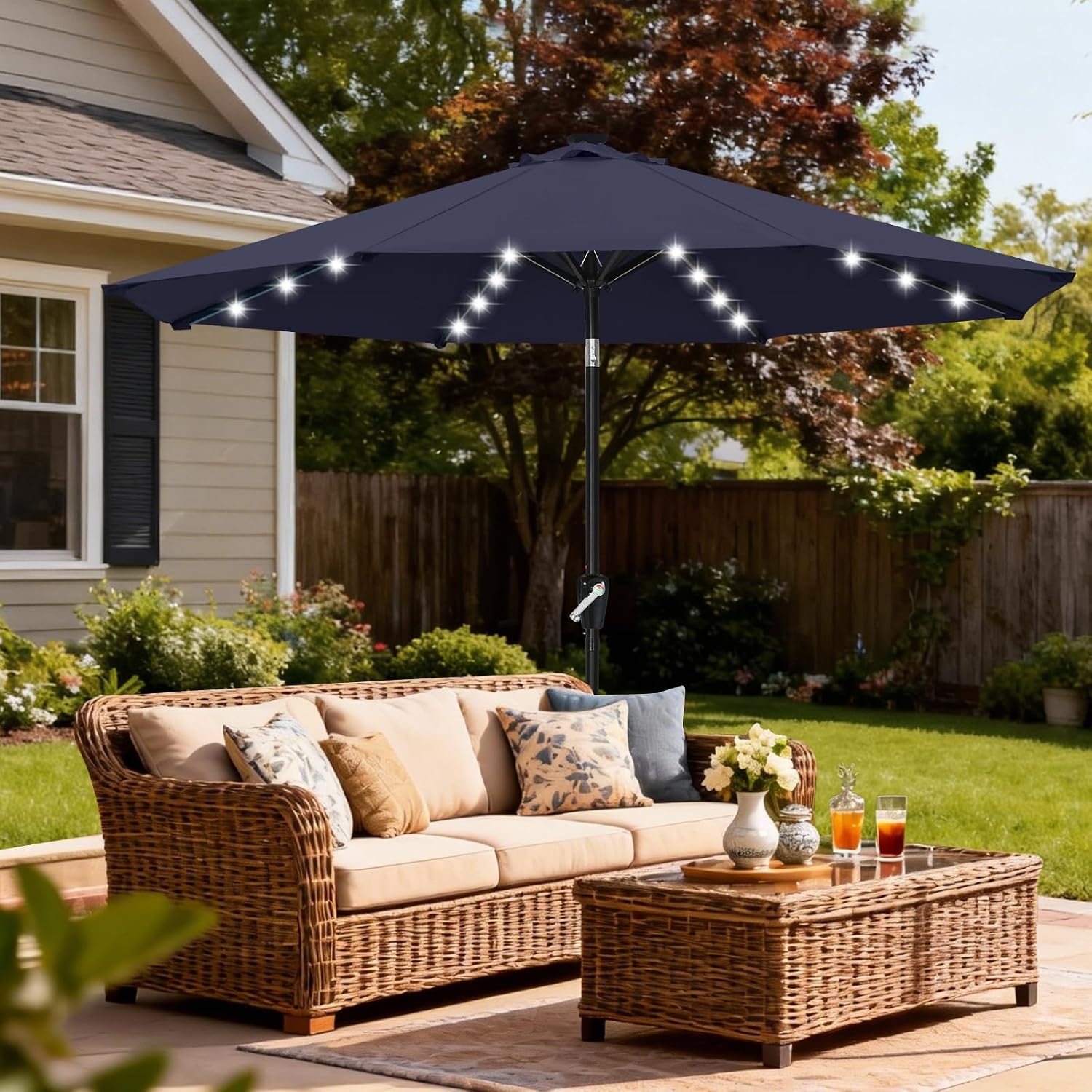 Outdoor Solar Patio Umbrella with 32 LED Lights 8 Ribs