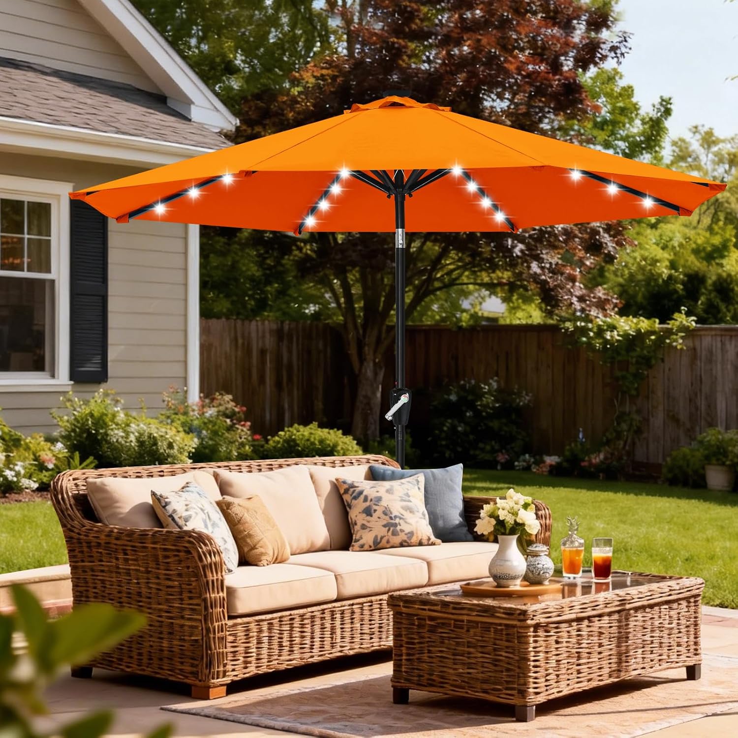 Outdoor Solar Patio Umbrella with 32 LED Lights 8 Ribs