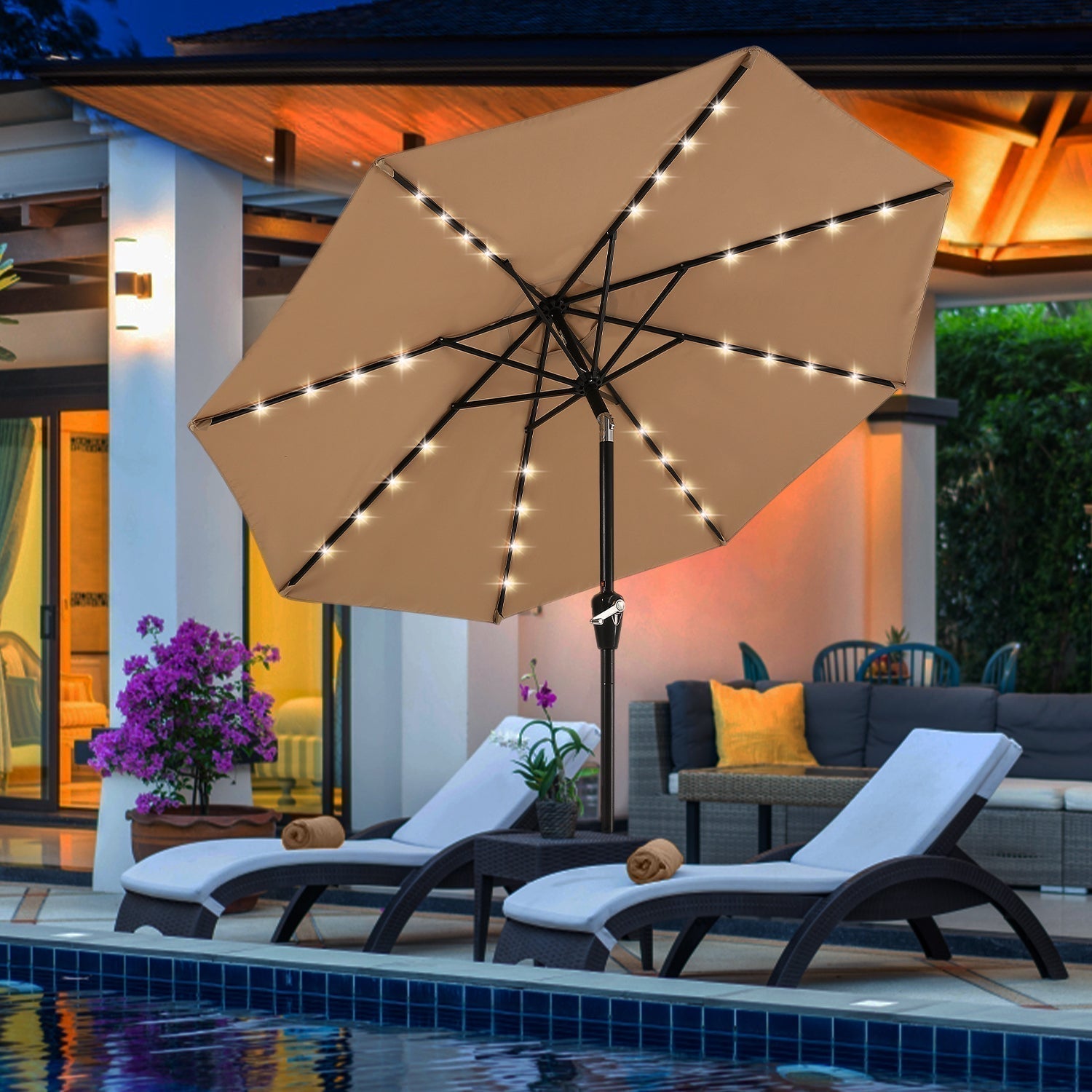 ABCCANOPY Outdoor Solar Patio Umbrella with 32 LED Lights 8 Ribs 11FT / Khaki