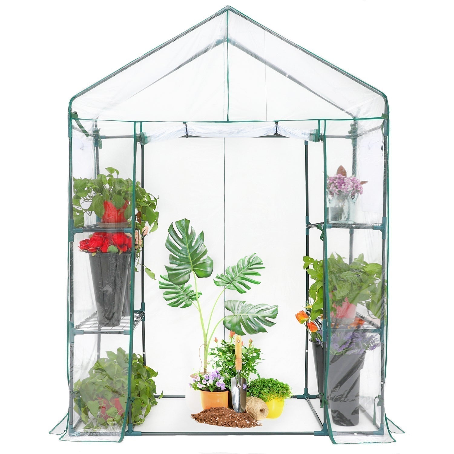 Portable Plant Gardening Greenhouse with 2 Tier 4 Shelves
