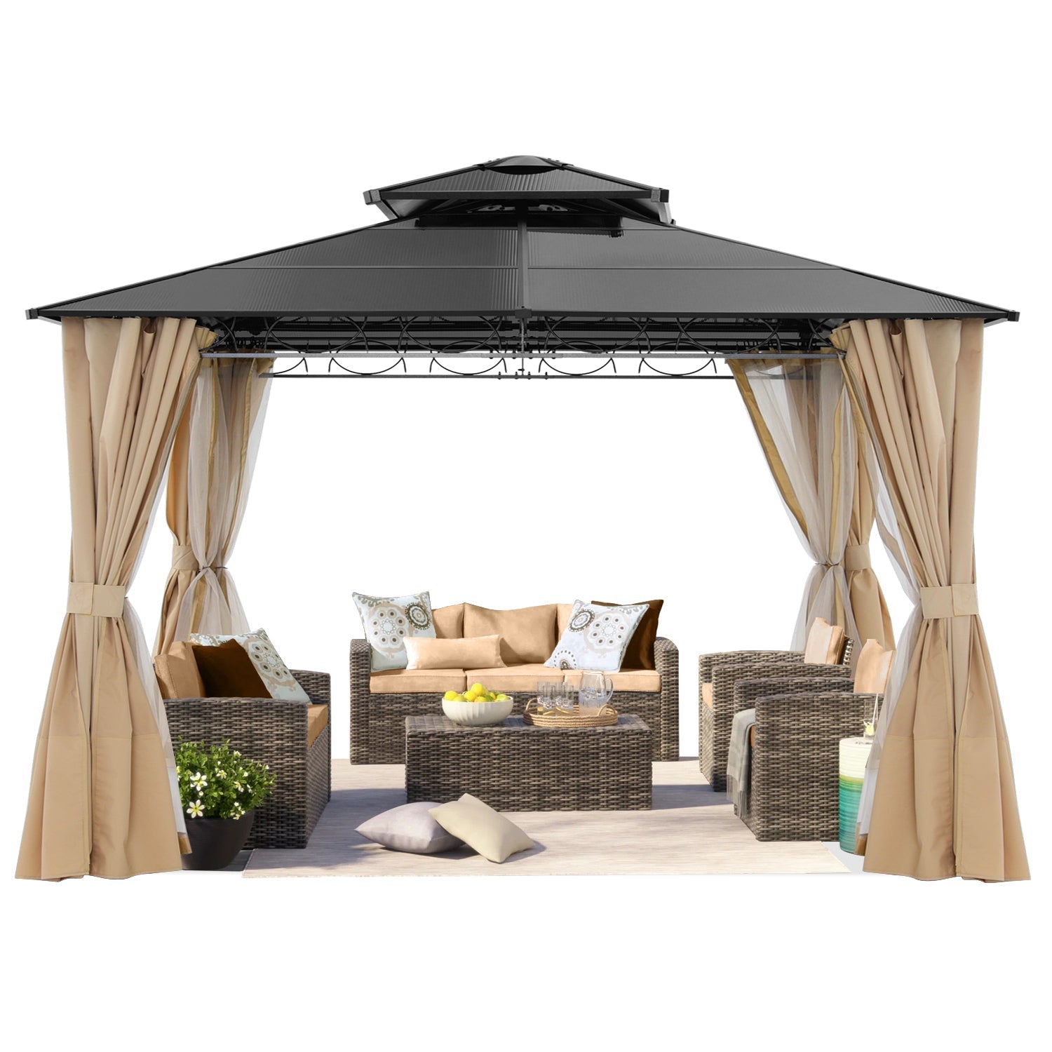 10x10/10x12 Steel Double Roof Hardtop Gazebo with Privacy Curtains and Netting