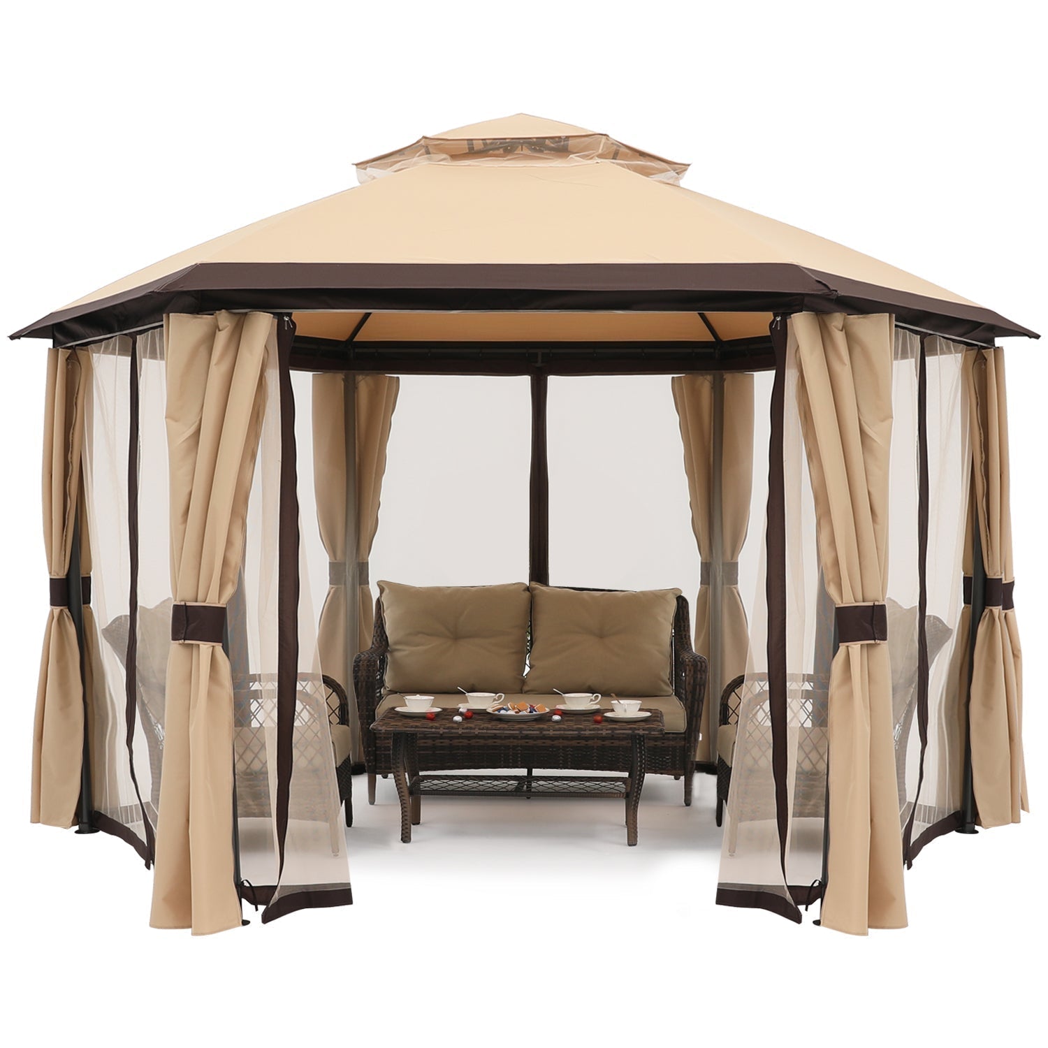 10'x10' Gazebos for Patios, Outdoor Hexagonal Gazebo with Netting and Privacy Curtains for Garden, Patio, Backyard - ABC-CANOPY