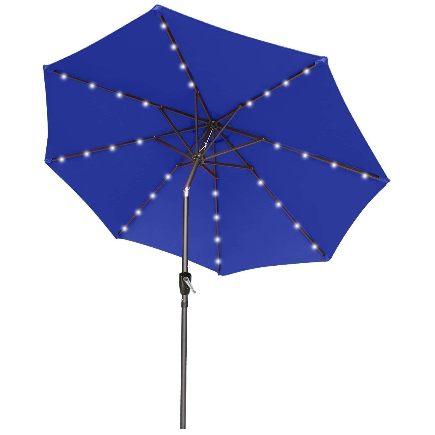 blue patio umbrella with lights ABCCANOPY Outdoor Solar Patio Umbrella with 32 LED Lights 8 Ribs 10FT / Blue