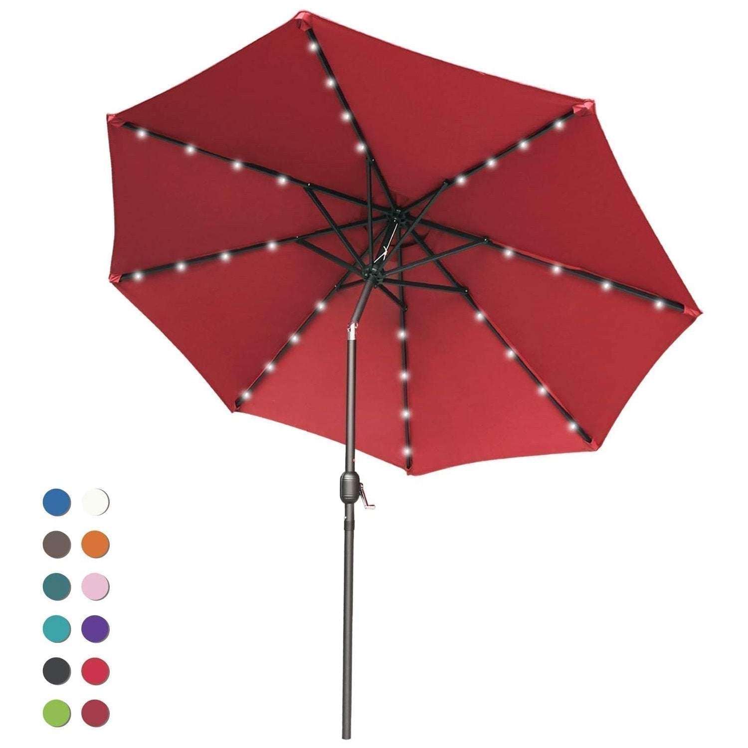 burgundy patio umbrella with lights ABCCANOPY Outdoor Solar Patio Umbrella with 32 LED Lights 8 Ribs 10FT / Blue